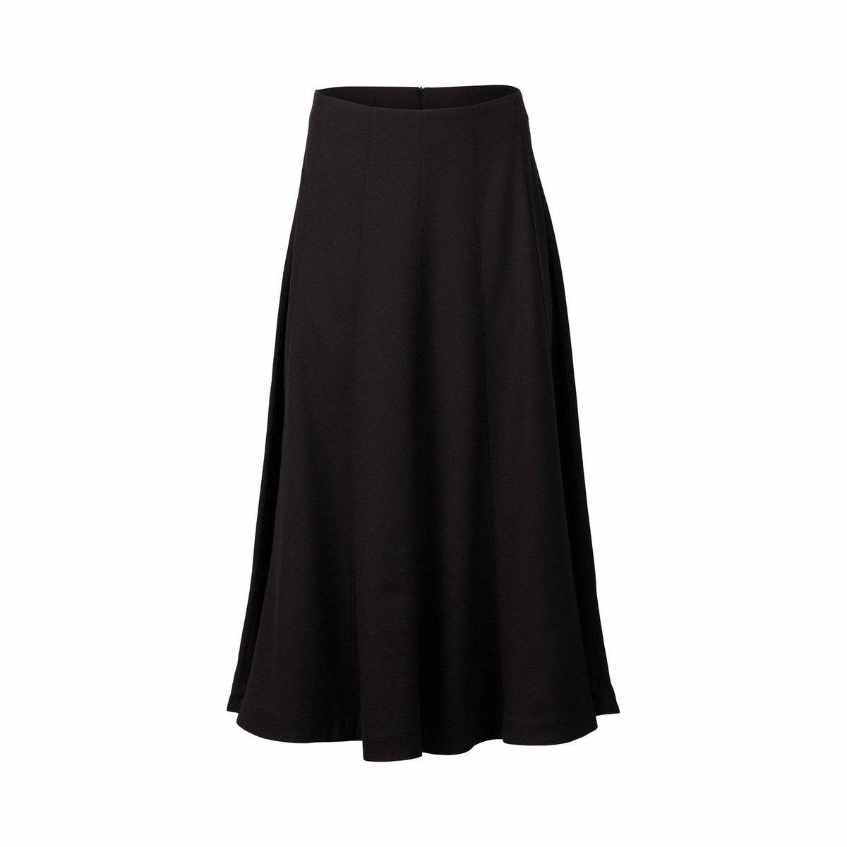 The Vassalli Panelled Skirt - Black features a high waist, mid length, smooth texture, and flared fit, shown against a white background.