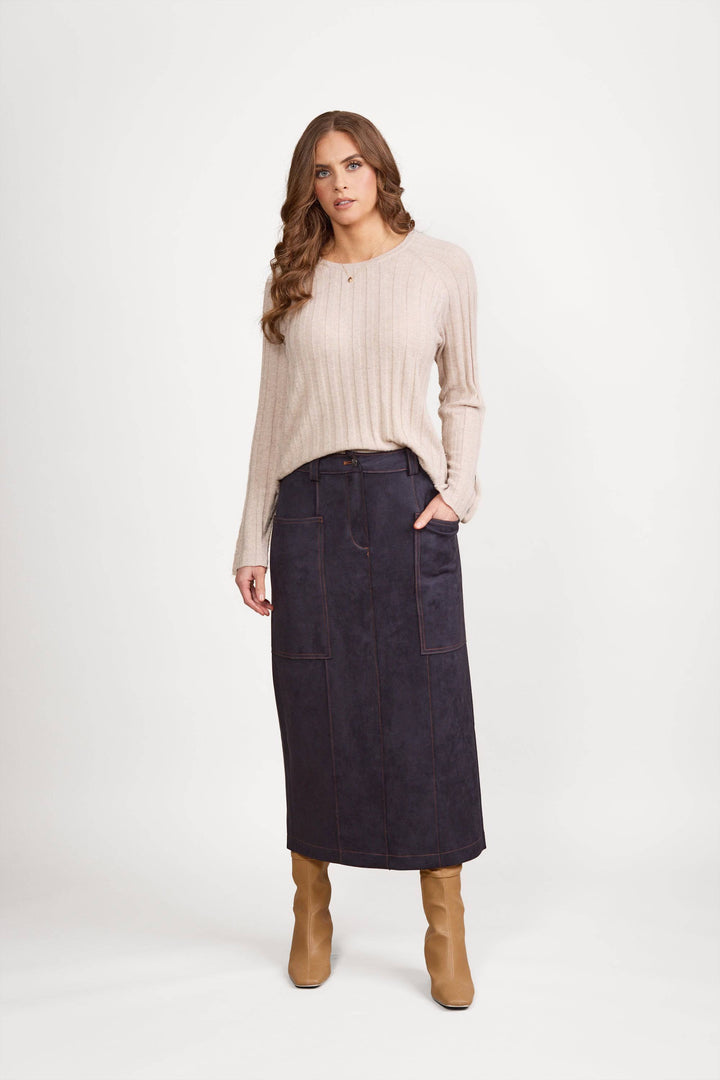 7063 Ink - Mid Length Skirt with Centre Back Split - Vassalli