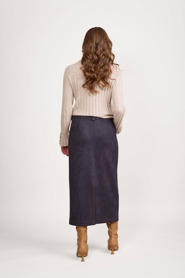 7063 Ink - Mid Length Skirt with Centre Back Split - Vassalli