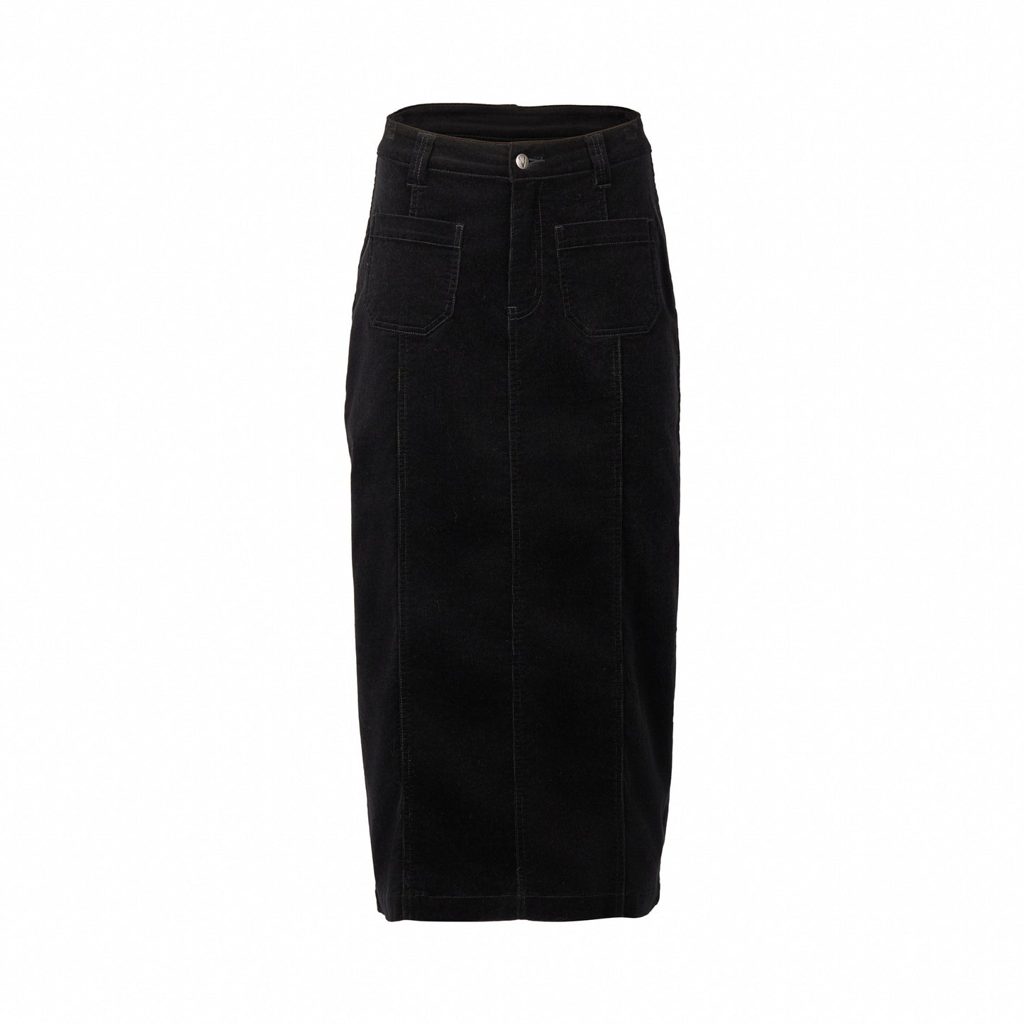 7064M Black - Mid Length Cord Skirt with Front Panel Seams - Vassalli