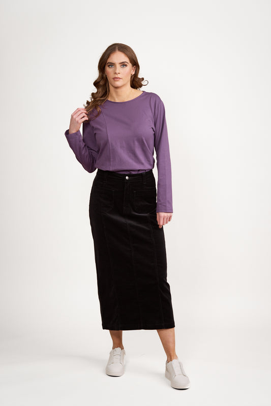 7064M Black - Mid Length Cord Skirt with Front Panel Seams - Vassalli