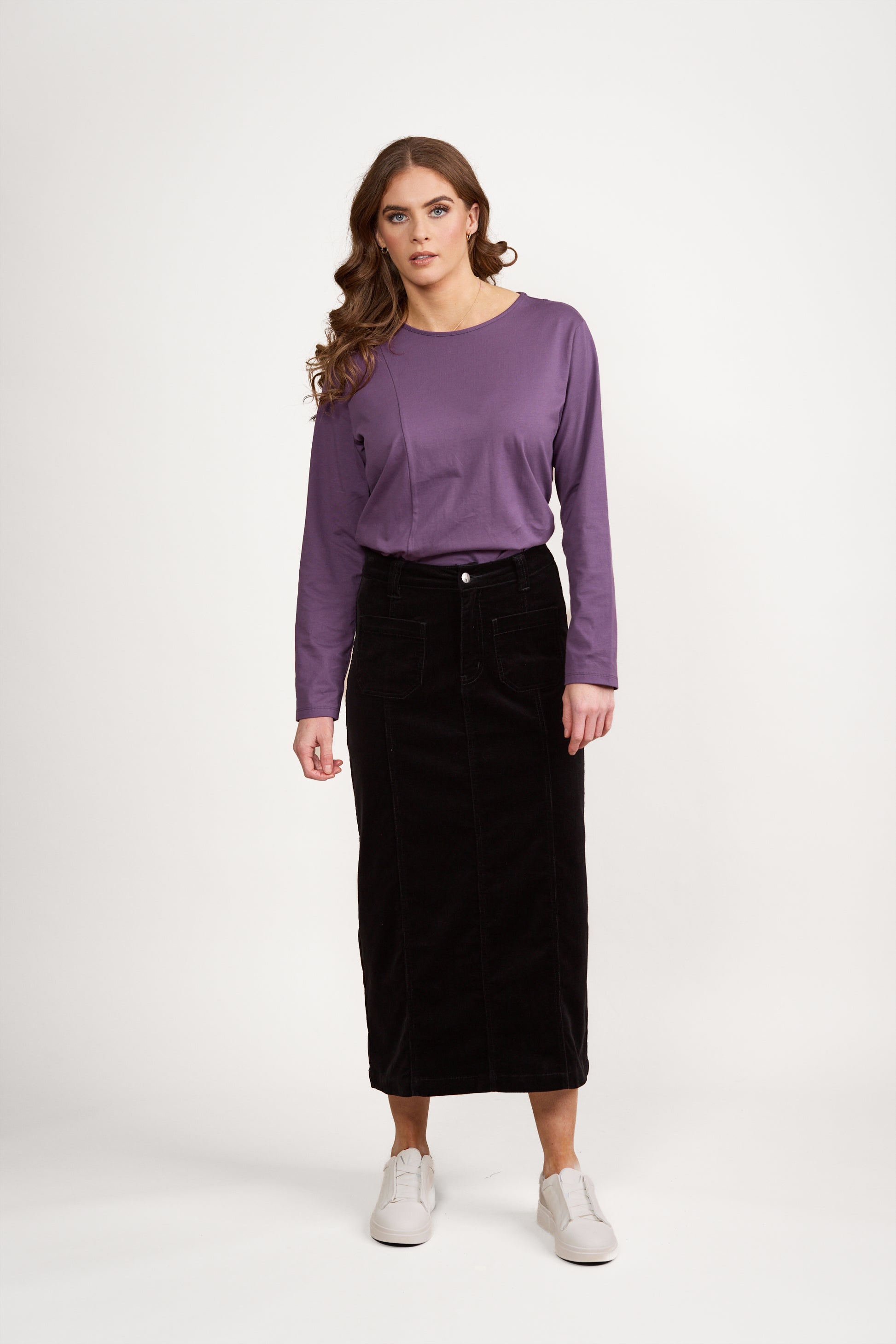 7064M Black - Mid Length Cord Skirt with Front Panel Seams - Vassalli