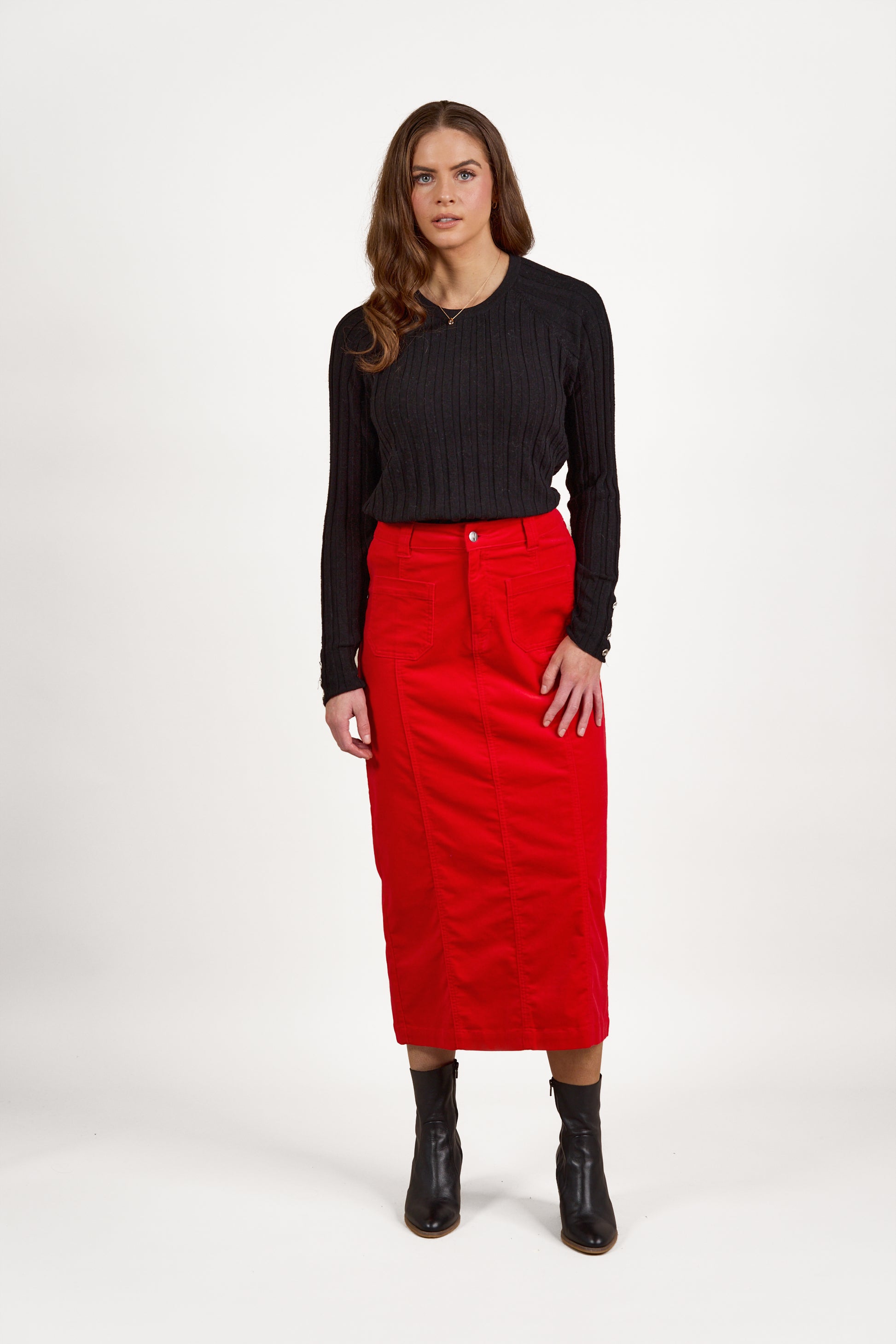 7064M Fiesta - Mid Length Cord Skirt with Front Panel Seams - Vassalli