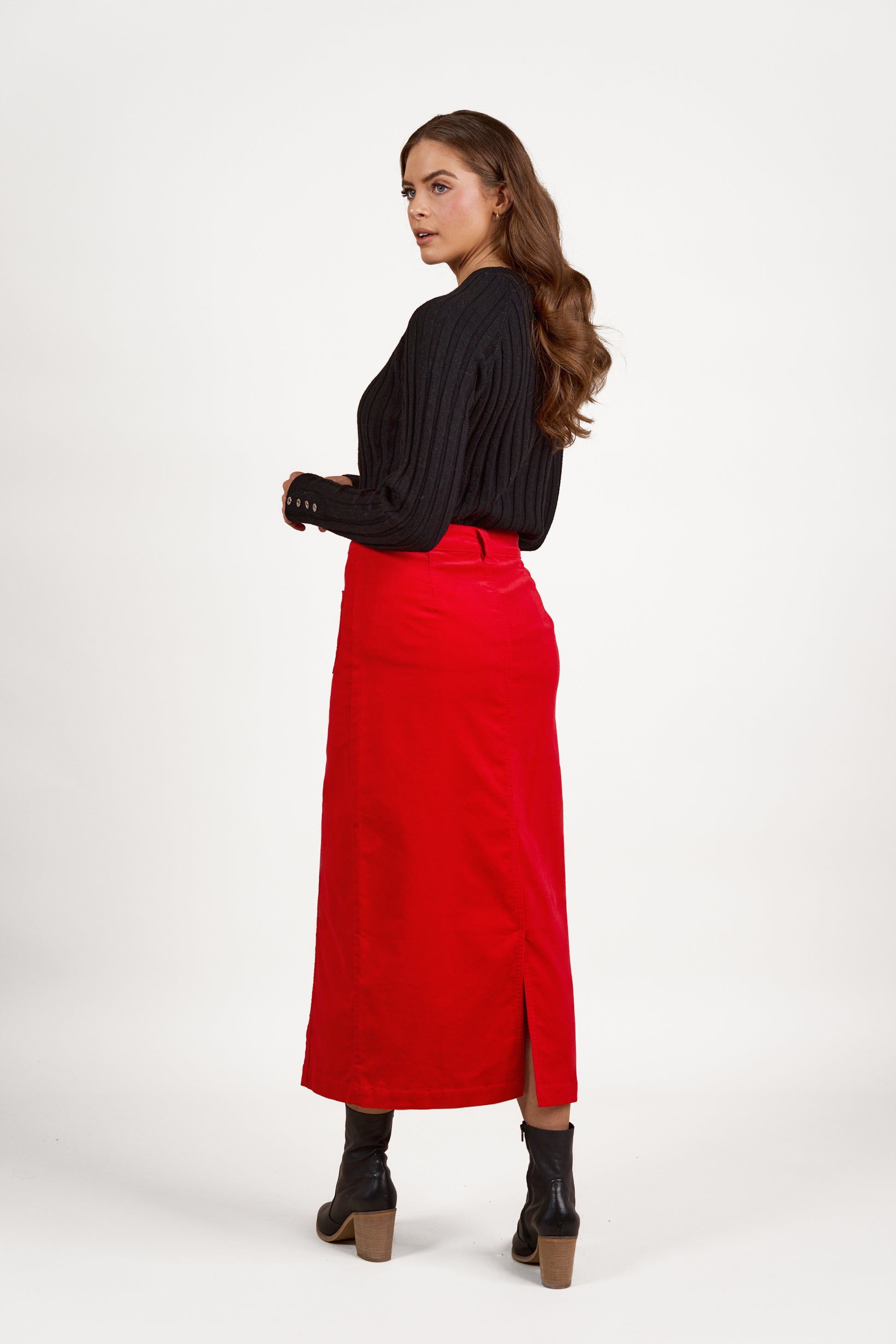 7064M Fiesta - Mid Length Cord Skirt with Front Panel Seams - Vassalli