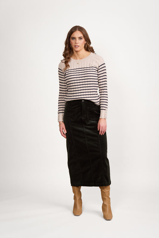 7064M Forest - Mid Length Cord Skirt with Front Panel Seams - Vassalli