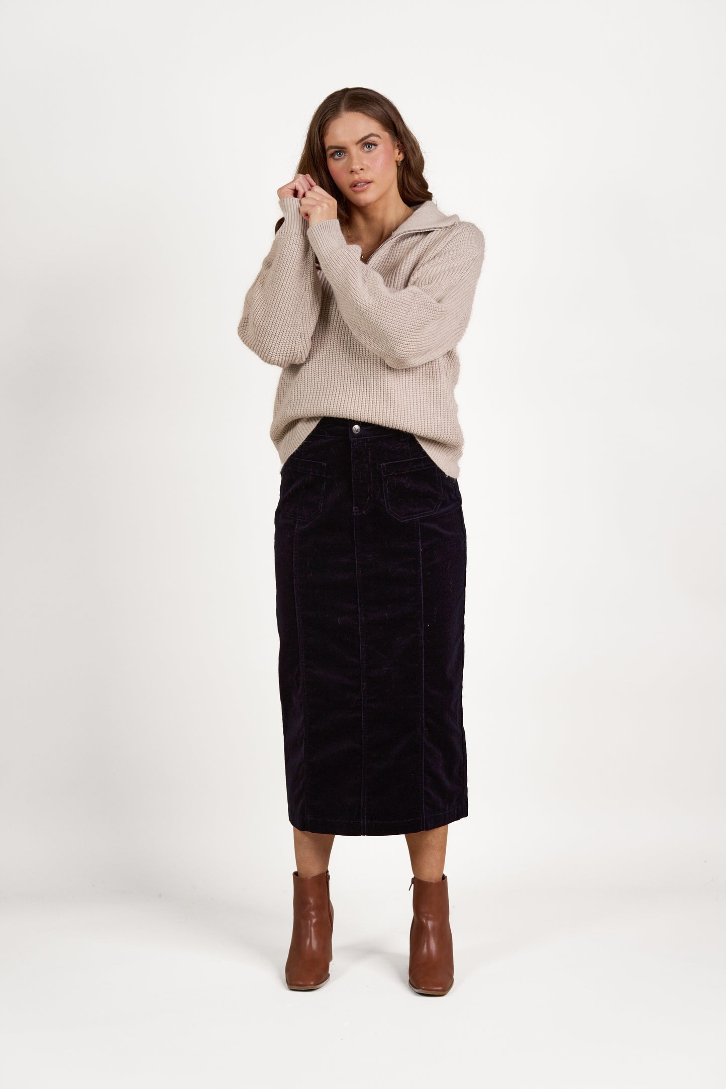 7064M Midnight - Mid Length Cord Skirt with Front Panel Seams - Vassalli