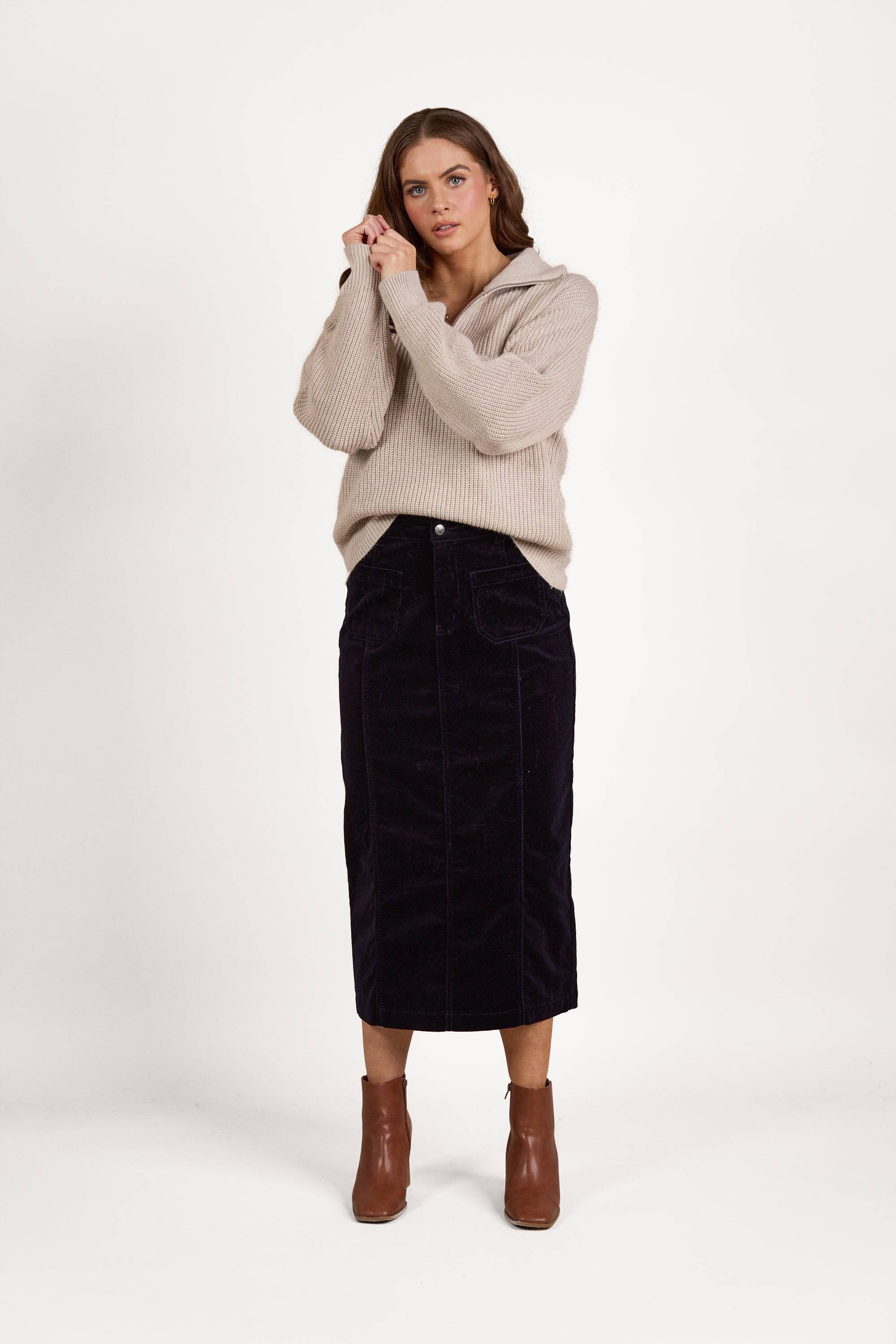 7064M Midnight - Mid Length Cord Skirt with Front Panel Seams - Vassalli