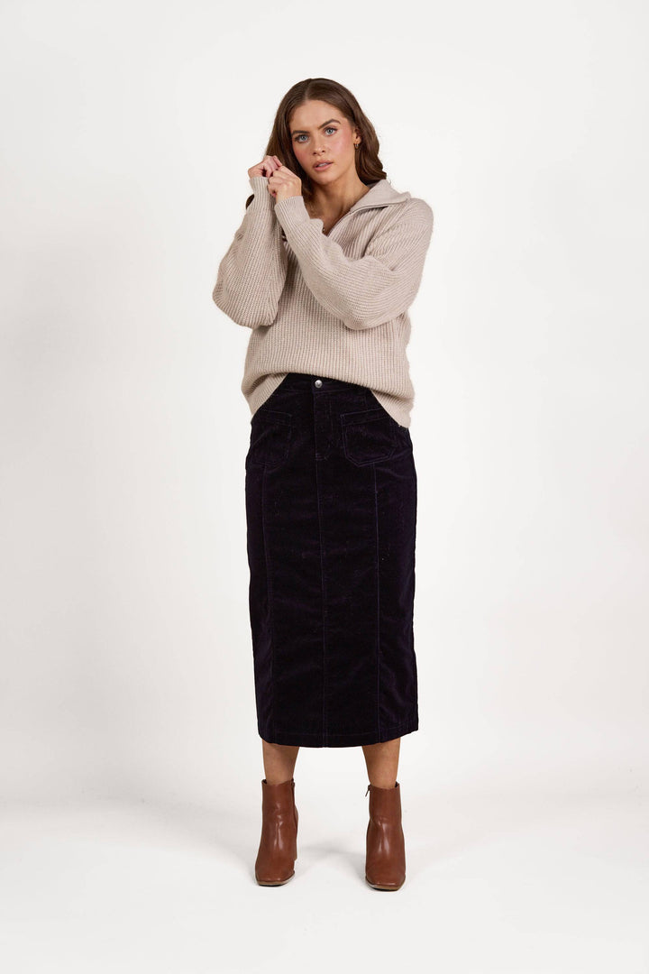 7064M Midnight - Mid Length Cord Skirt with Front Panel Seams - Vassalli