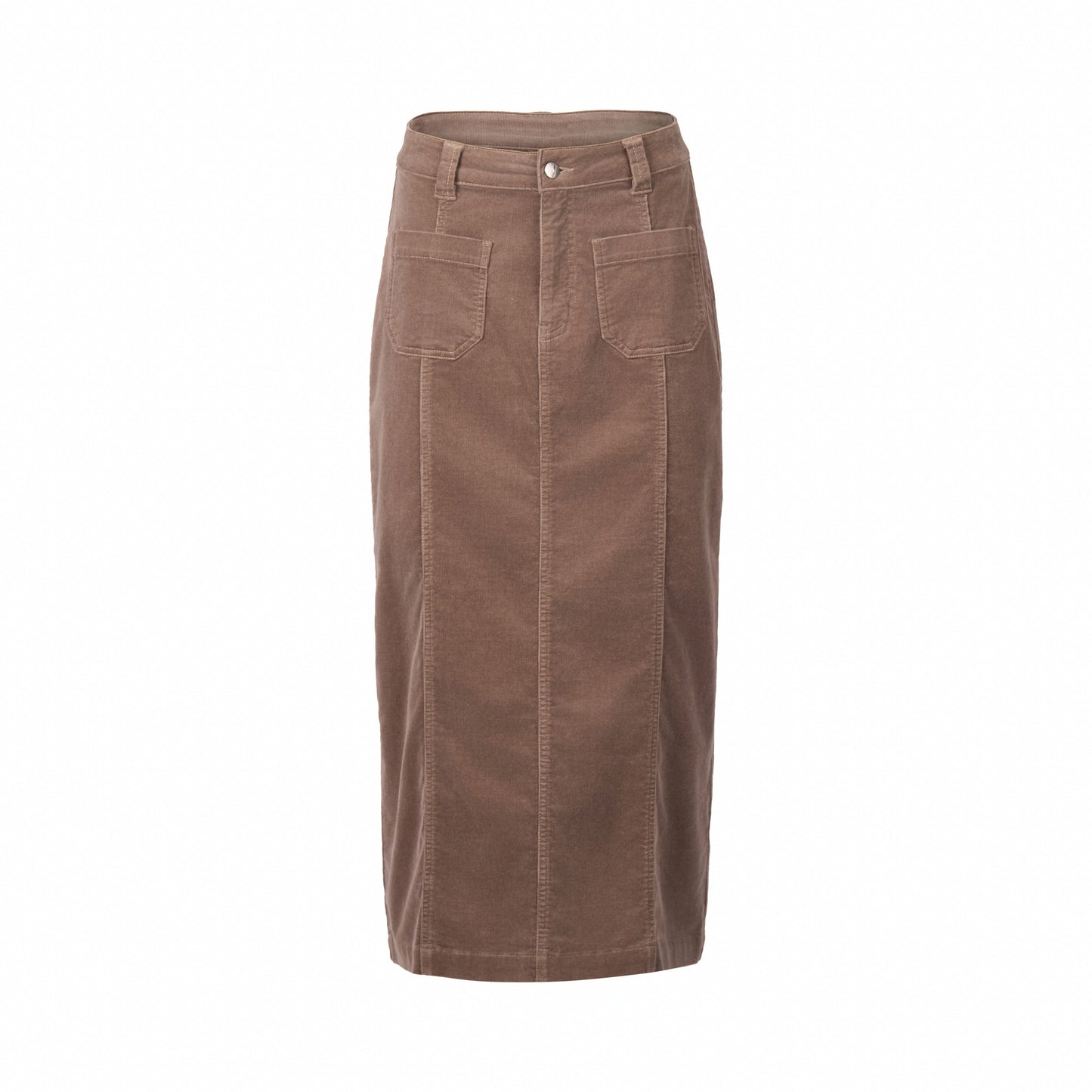 7064M Taupe - Mid Length Cord Skirt with Front Panel Seams - Vassalli