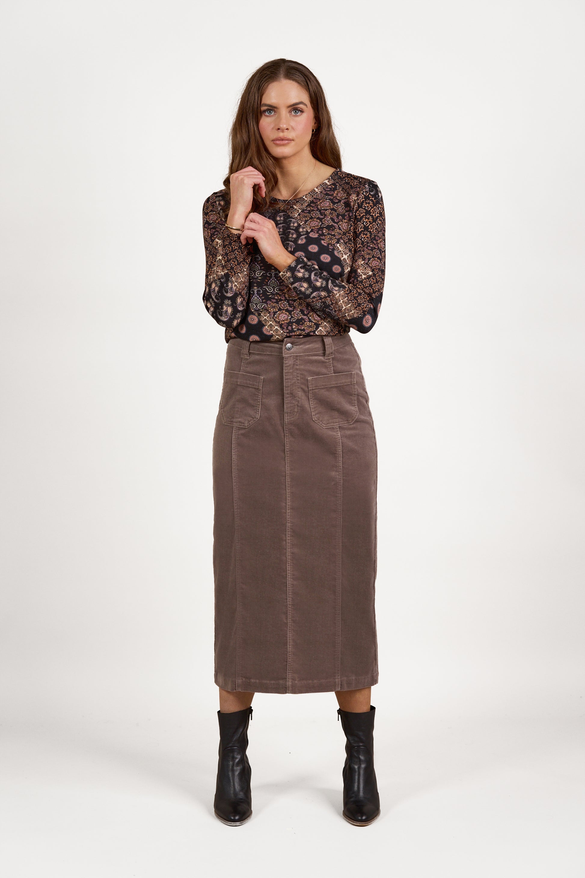 7064M Taupe - Mid Length Cord Skirt with Front Panel Seams - Vassalli