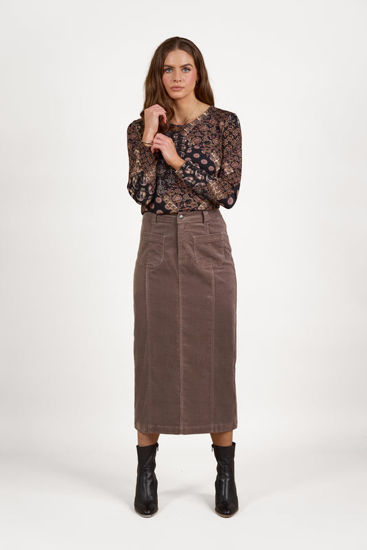 7064M Taupe - Mid Length Cord Skirt with Front Panel Seams - Vassalli