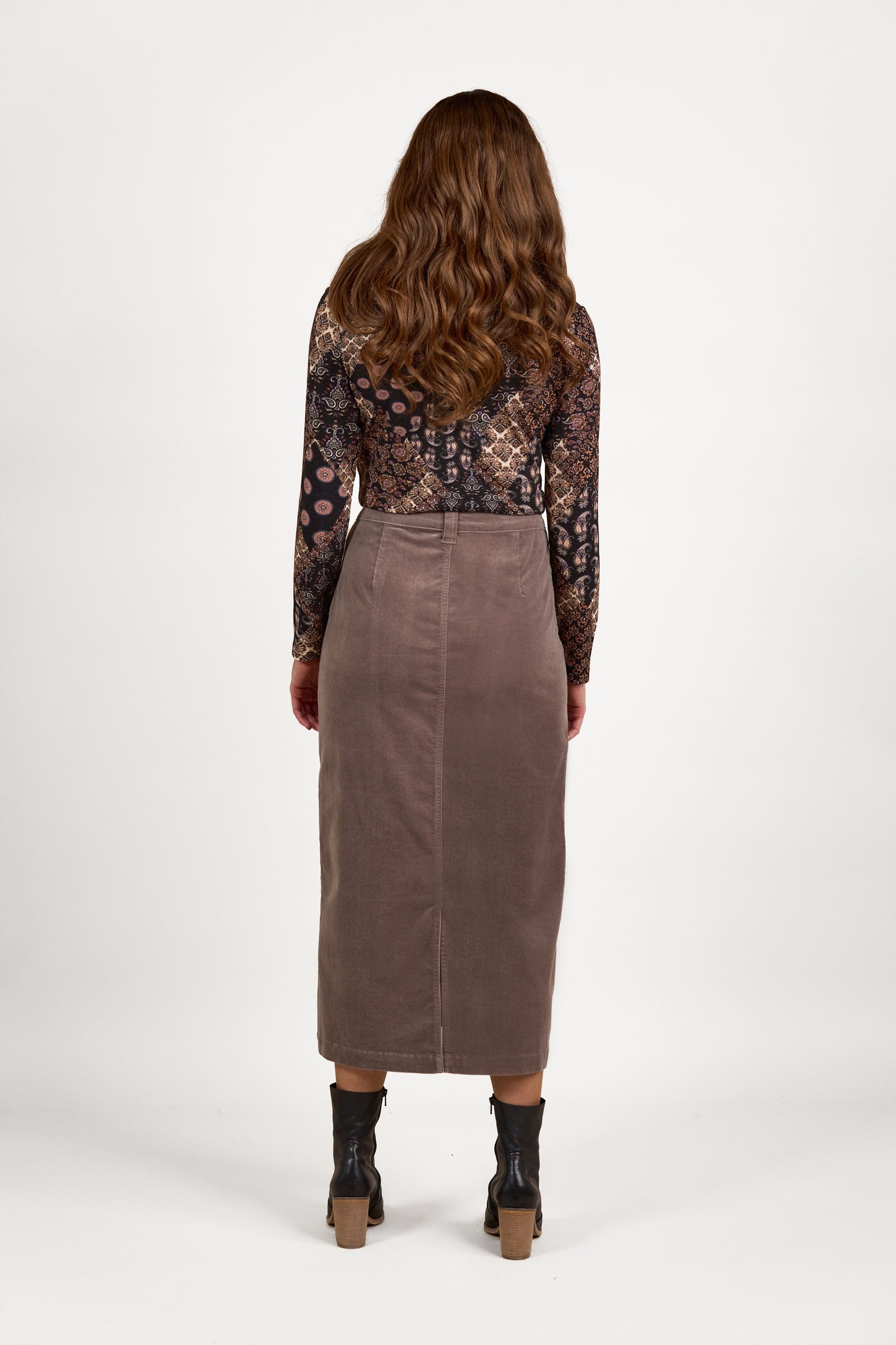 7064M Taupe - Mid Length Cord Skirt with Front Panel Seams - Vassalli