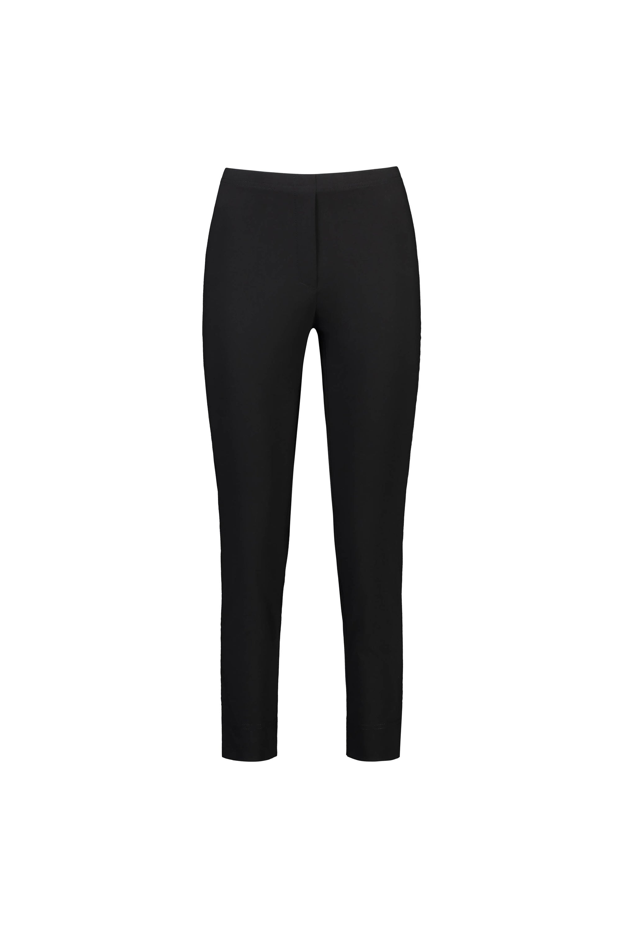 The Vassalli Paris Capri Pant - Black features a slim-fit, ankle-length 7/8 design in smooth stretch fabric, offering a seamless look with no visible pockets and a flattering mid rise for stylish comfort.