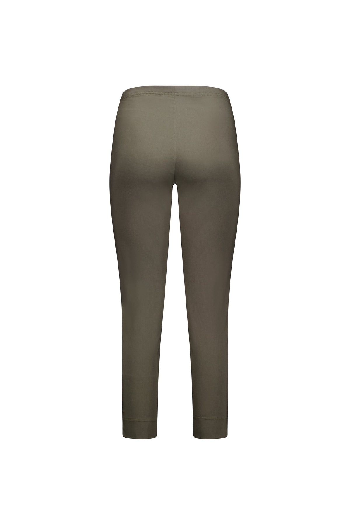 Back view of the Vassalli Paris Capri Pant in khaki, featuring a fitted, ankle-length design in stretch fabric, shown against a white background.