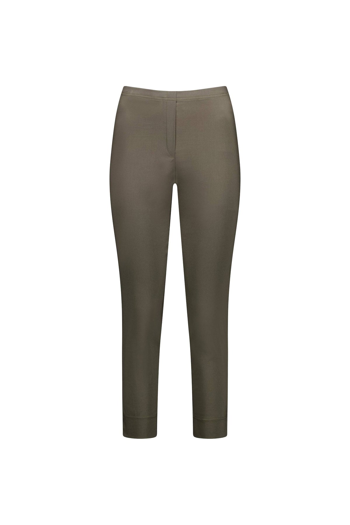 The Vassalli Paris Capri Pant in khaki features a slim fit, flat front, stretch fabric, and no visible pockets, shown on a plain white background.