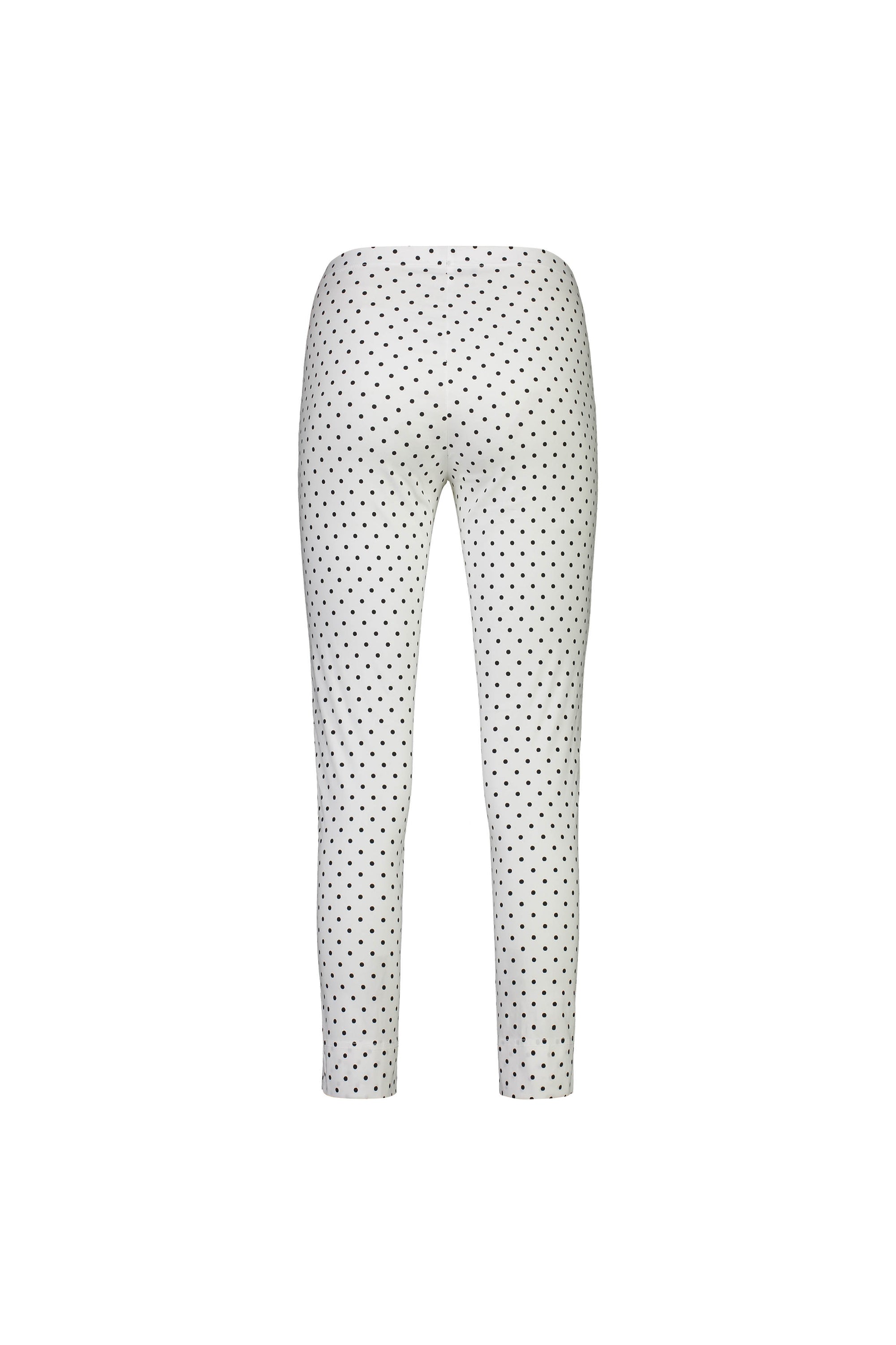 The Vassalli Paris Printed Capri Pant - Spot features a slim fit, high waist, and stretch fabric with small black polka dots on white, shown on a plain white background.