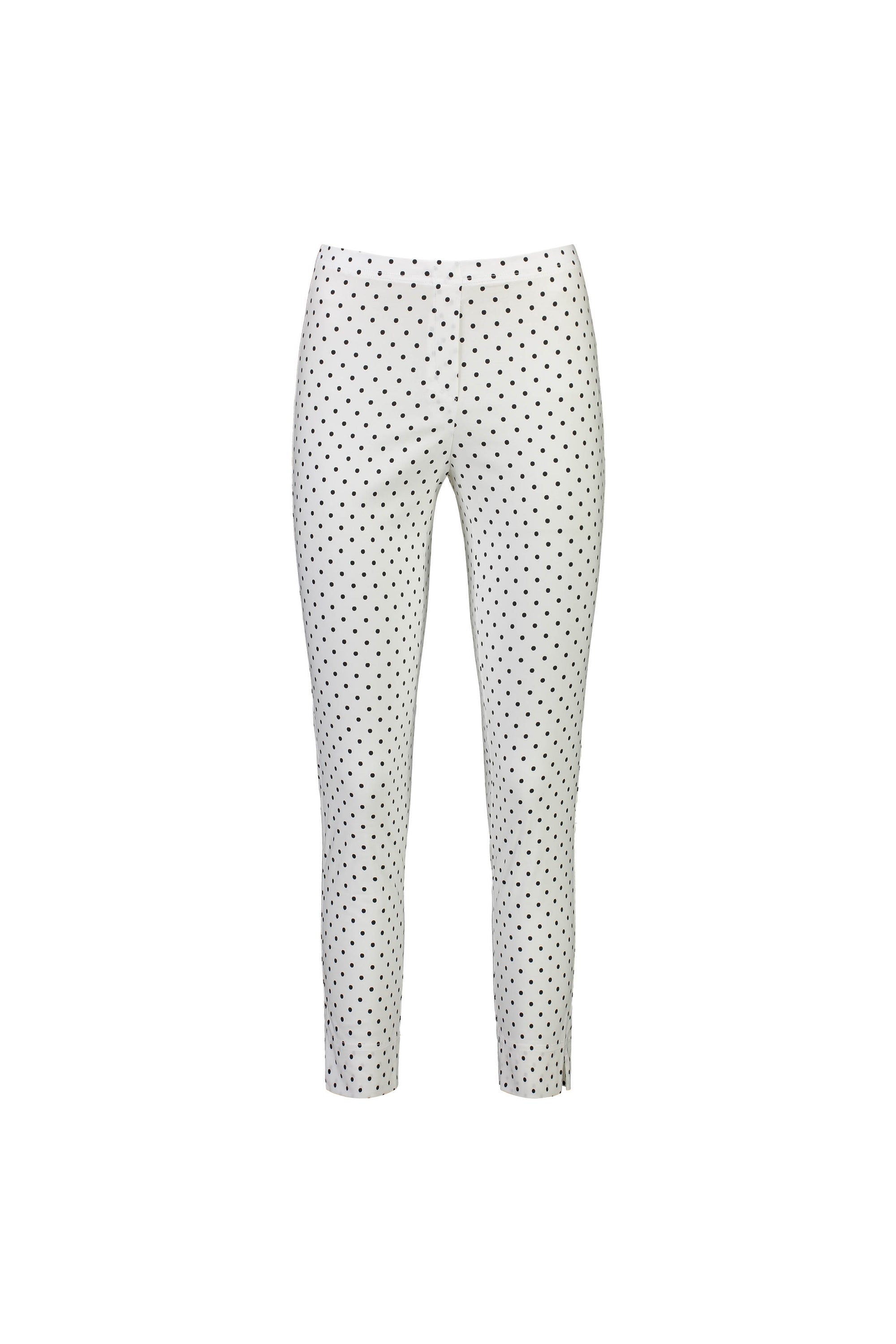Vassalli's Paris Printed Capri Pant - Spot features a white slim-fit design with black polka dots, crafted in stretch fabric for comfort and a mid rise 7/8 fit, shown against a plain white background.