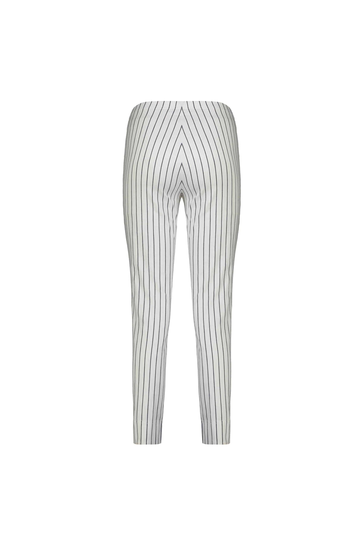 The Vassalli Paris Printed Capri Pant in White w/ Stripe features vertical black pinstripes, a slim 7/8 fit, mid rise, clean waistband, and is crafted from stretch fabric with no visible pockets or fastenings. Shown from the back.