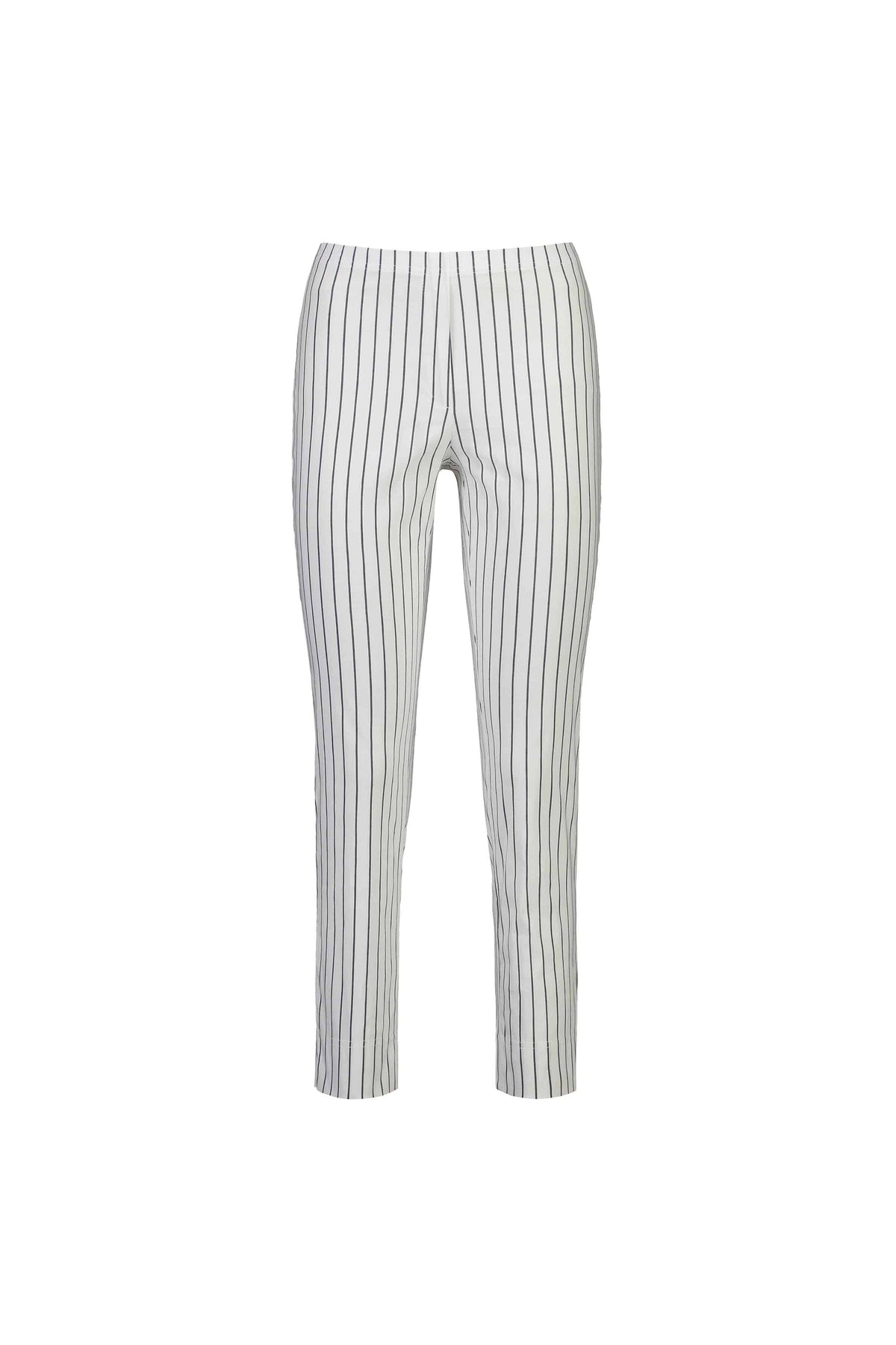 The Vassalli Paris Printed Capri Pant features a white base with vertical black stripes, a slim 7/8 mid-rise fit, and stretch fabric for comfort. Shown on a plain white background.