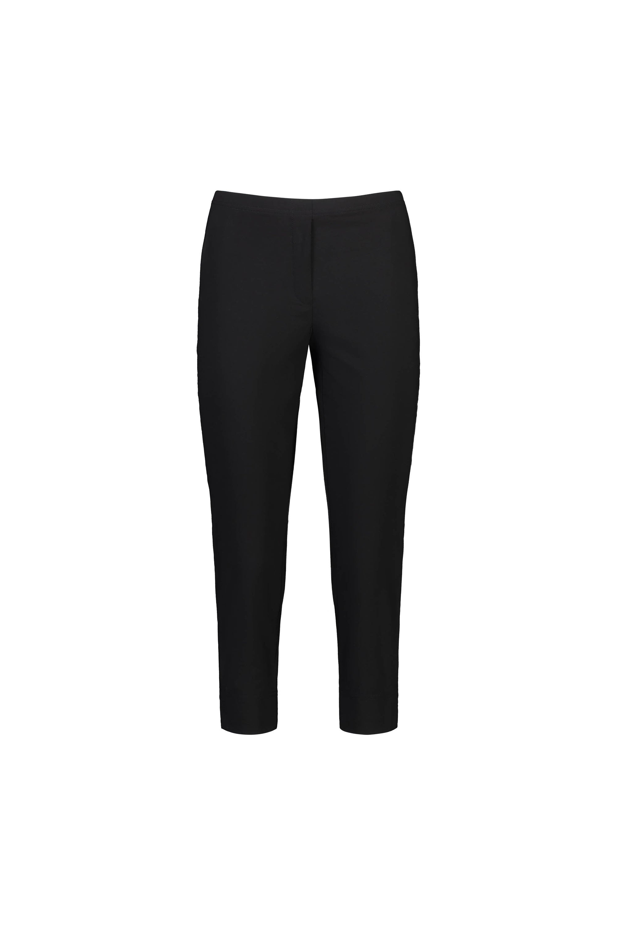 The Vassalli Paris Crop Pant - Black features a slim fit, straight cut, ankle-length design, and is made from stretch fabric, shown against a white background.