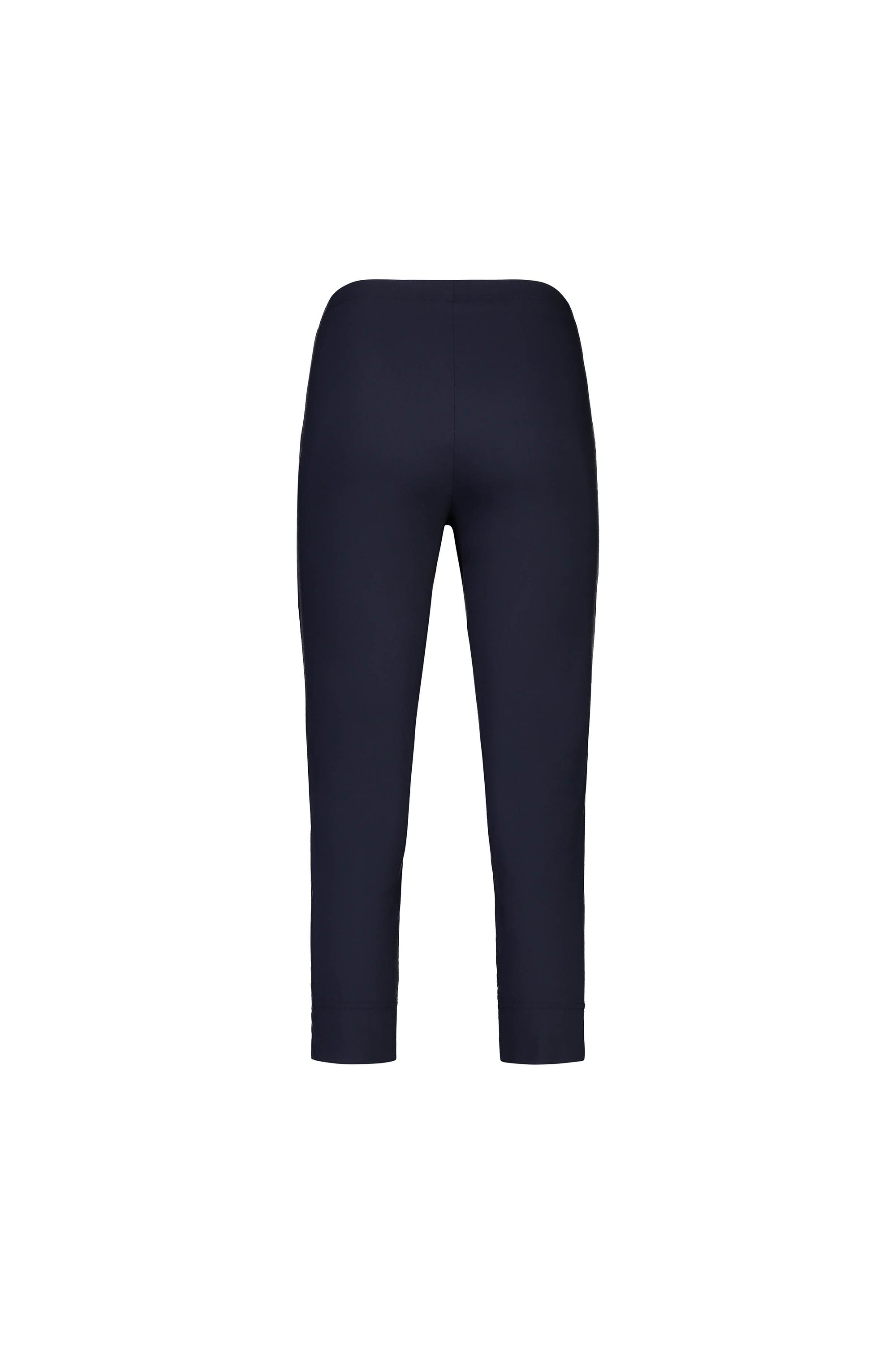 The Paris Crop Pant - Inka by Vassalli is shown from the back against a white background, featuring navy blue stretch fabric, a high waistband, and a slim fitted silhouette.