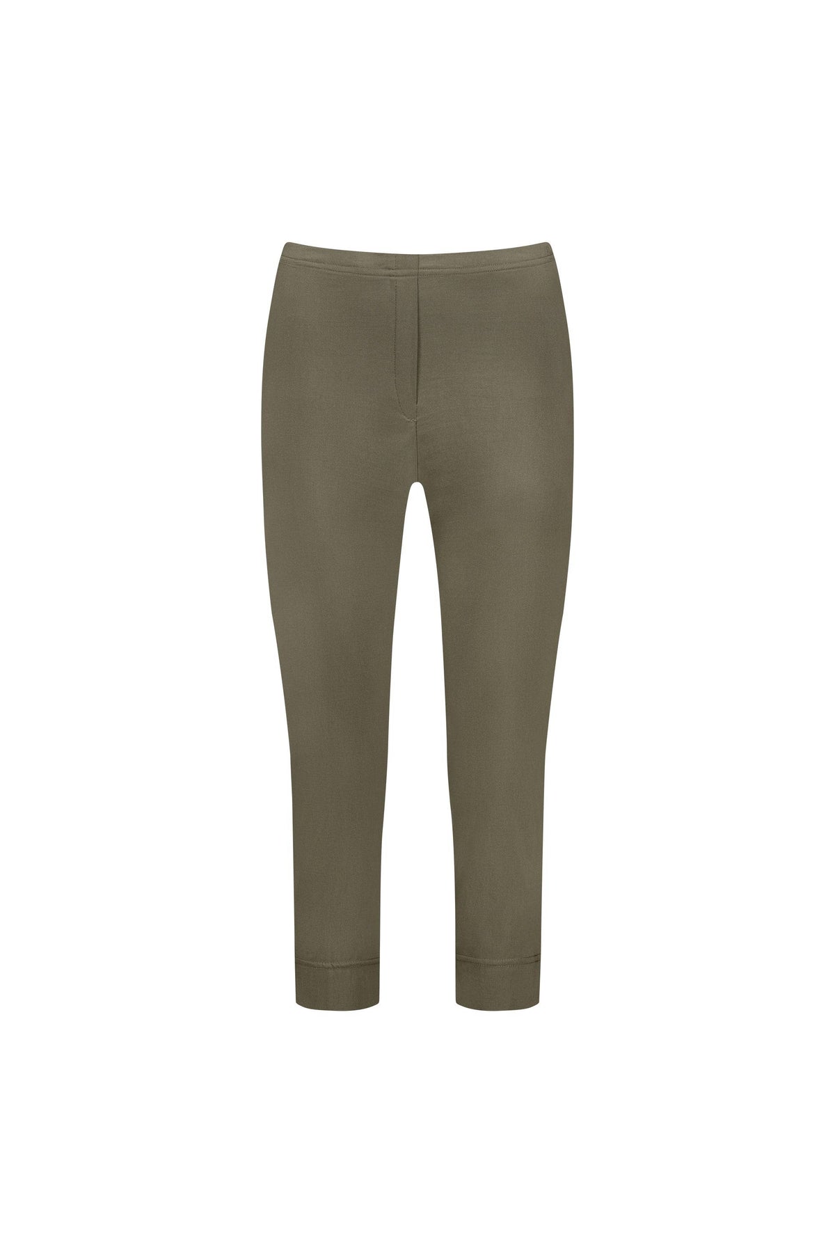 Vassalli Paris Crop Pant in khaki: slim-fit, ankle-length, stretch fabric for comfort, simple waistband, and no visible pockets—shown against a white background.