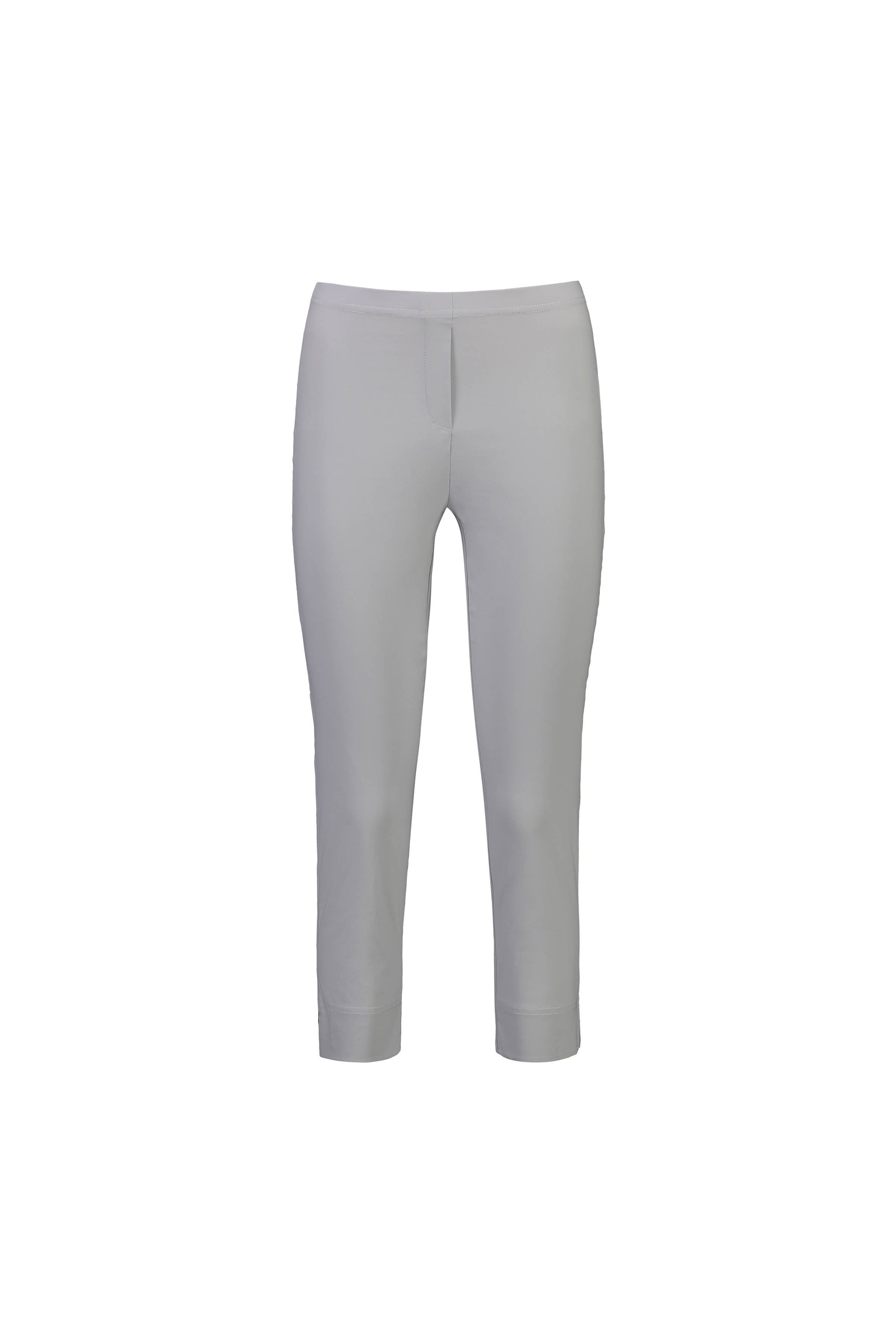 The Vassalli Paris Crop Pant - Silver is a slim-fit, ankle-length women’s pant in light grey stretch fabric, featuring a simple design with no visible pockets or embellishments, shown against a plain white background.