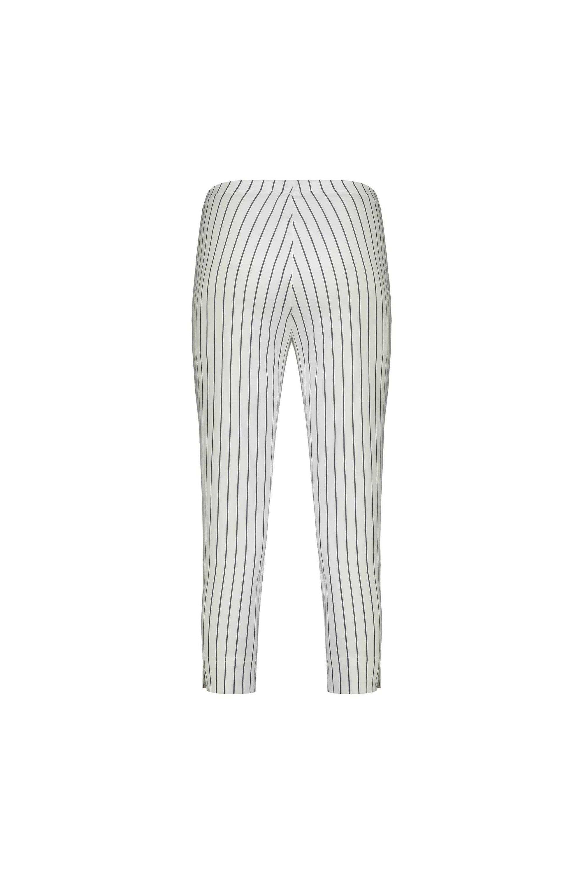 The Vassalli Paris Printed Crop Pant in White w/ Stripe features vertical black pinstripes and stretch fabric for a flattering fit, displayed from the front against a plain white background.
