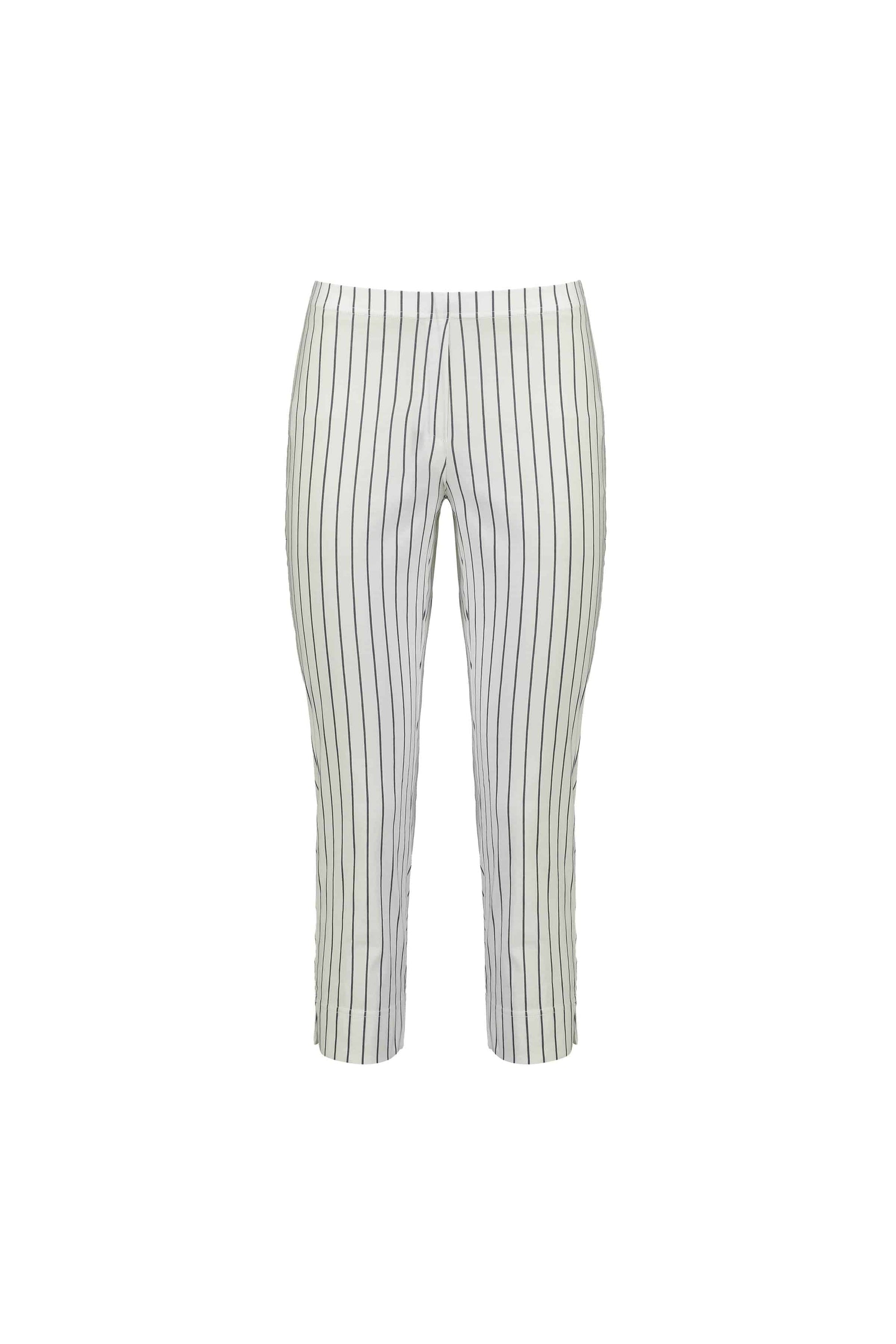 The Vassalli Paris Printed Crop Pant in white with stripe features a slim, ankle-length fit and is made from comfortable stretch fabric. Made in New Zealand, these pants have no visible pockets or embellishments.