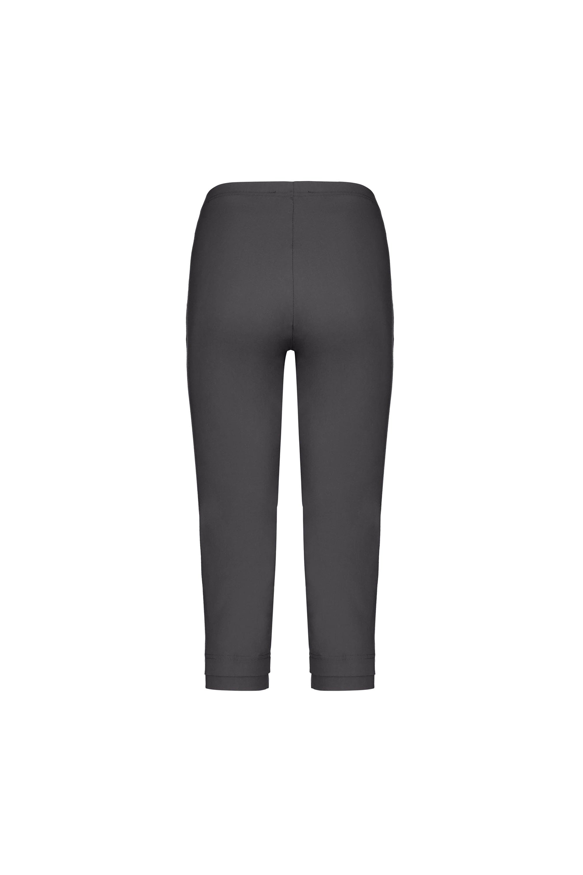 Back view of Vassalli Paris 3/4 Pant - Beluga, dark gray calf-length leggings with a fitted mid-rise 3/4 design, crafted in stretch fabric and displayed on a white background.