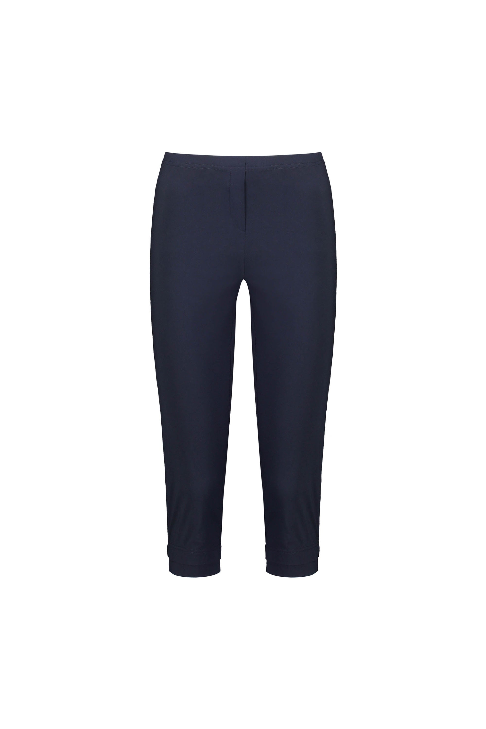 The Vassalli Paris 3/4 Pant – Inka features a navy blue, slim-fit cropped design with a mid-rise elastic waistband, stretch fabric, and no visible pockets, shown on a plain white background.