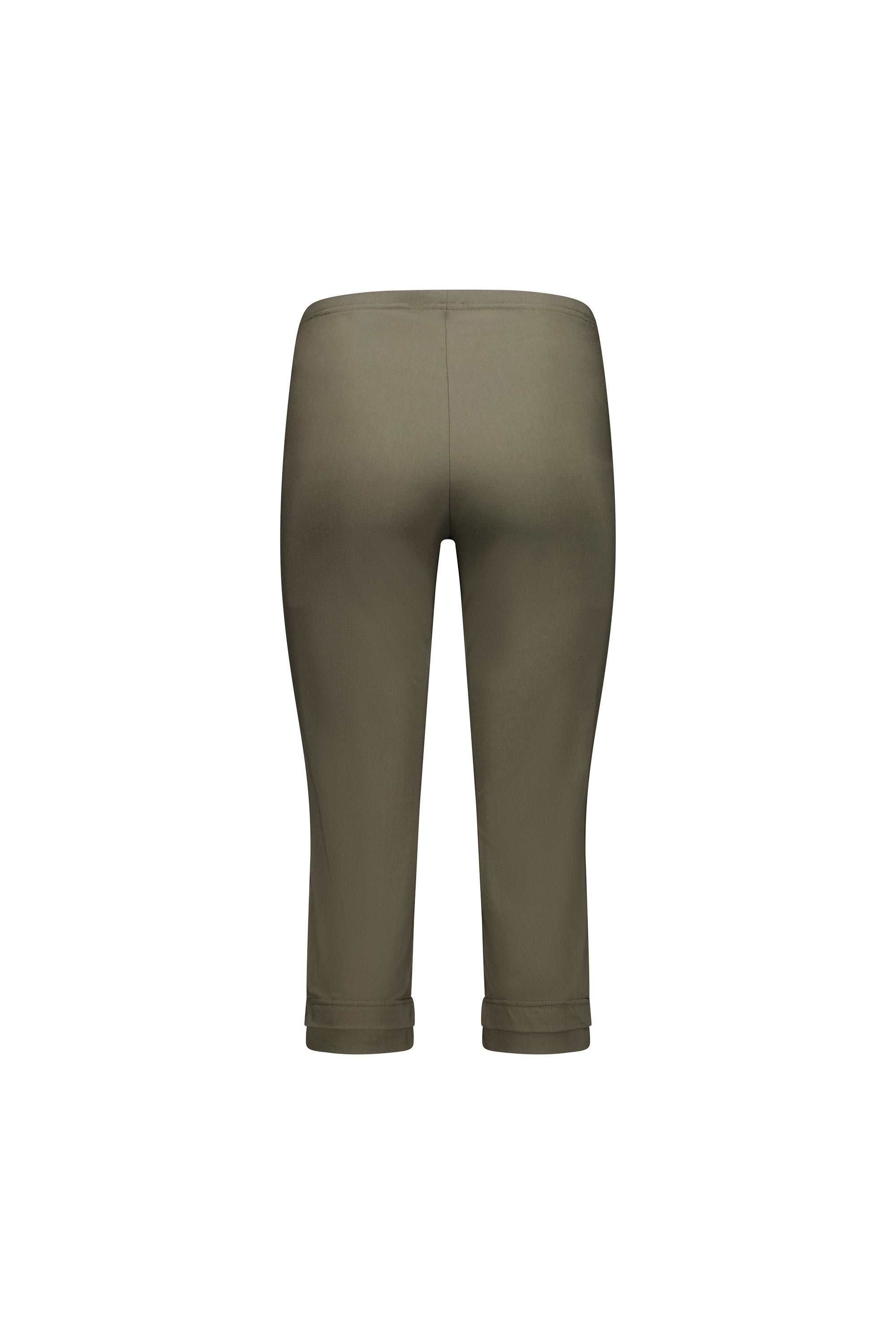 Vassalli Paris 3/4 Pant in khaki, shown from the back, features a mid-rise fitted waist and straight legs ending below the knee in comfy stretch fabric.