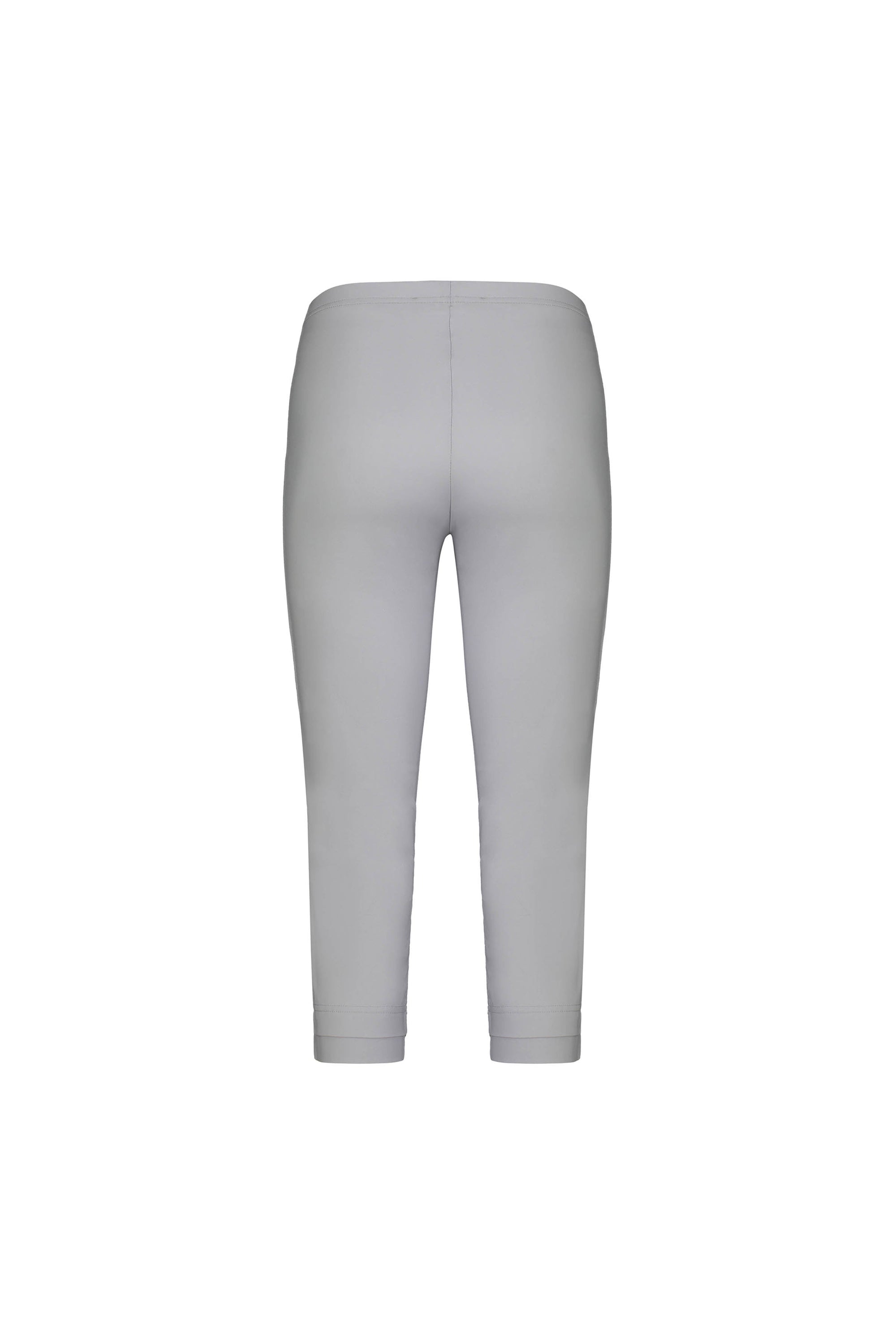 The Vassalli Paris 3/4 Pant in Silver features light gray, high-waisted, cropped leggings crafted from stretch fabric and is shown from the back on a white background.
