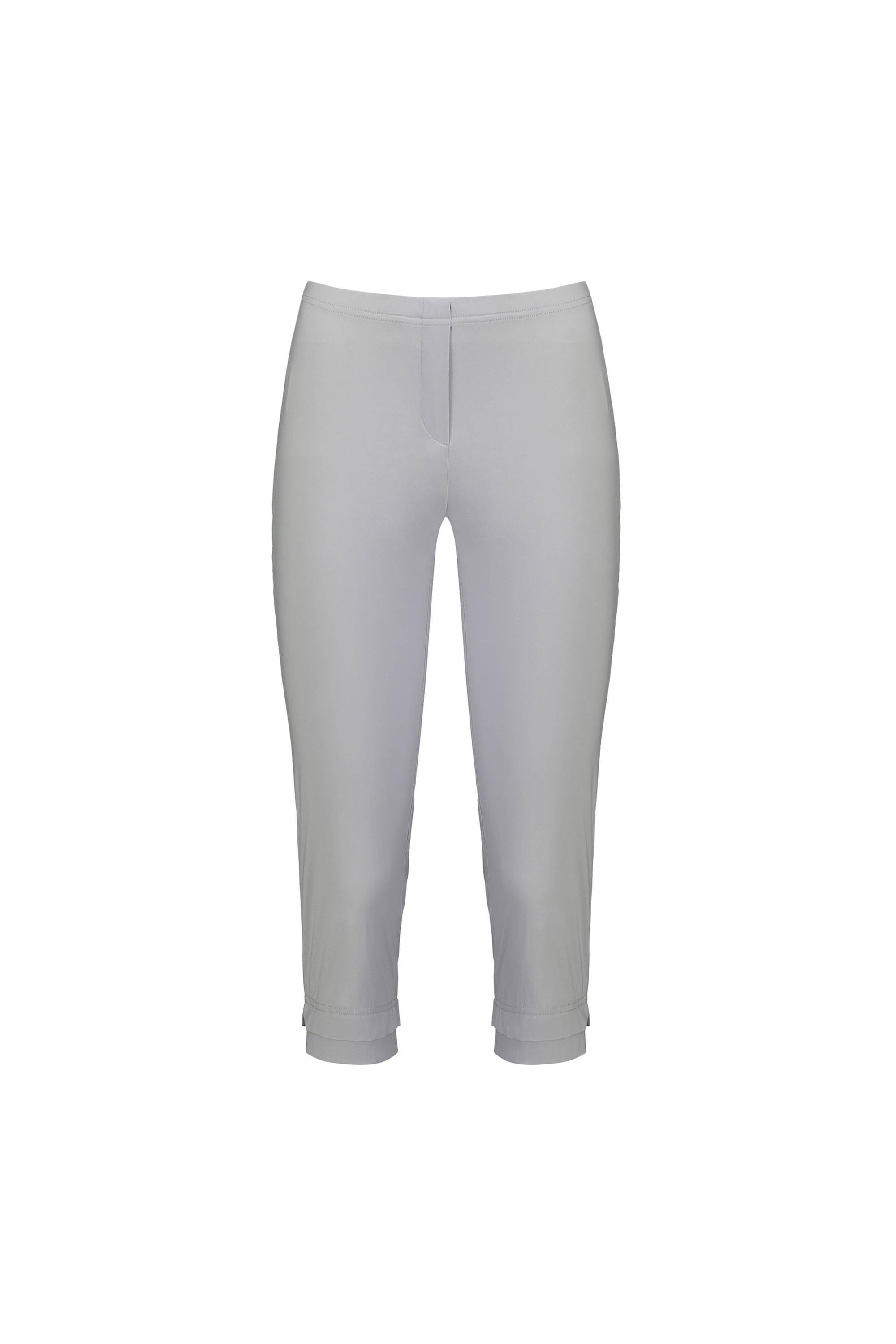 The Vassalli Paris 3/4 Pant in Silver features a mid-rise, fitted silhouette, flat front, and subtle seam details in comfortable stretch fabric—shown on a plain white background.