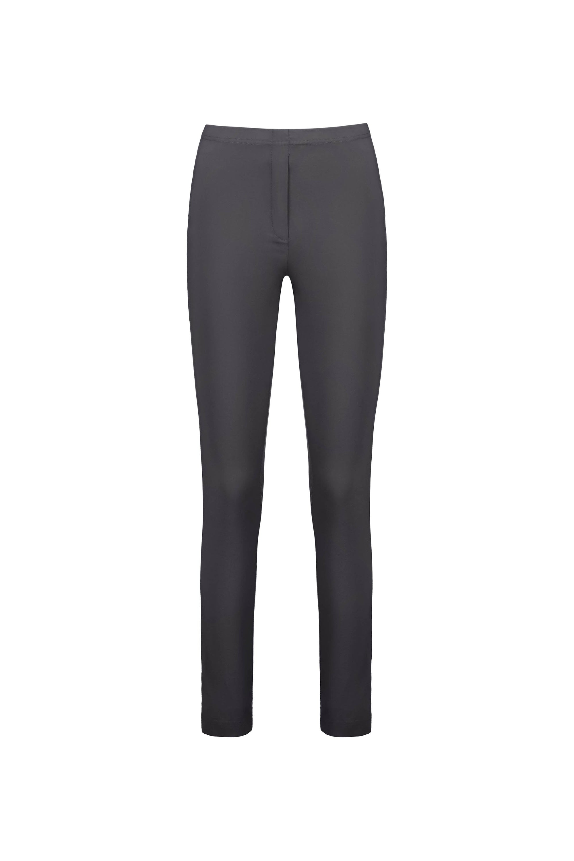 The Vassalli Paris Full Length Pant - Beluga features a fitted waist, straight-leg cut, and stretch fabric in black, with no visible pockets, shown against a white background.