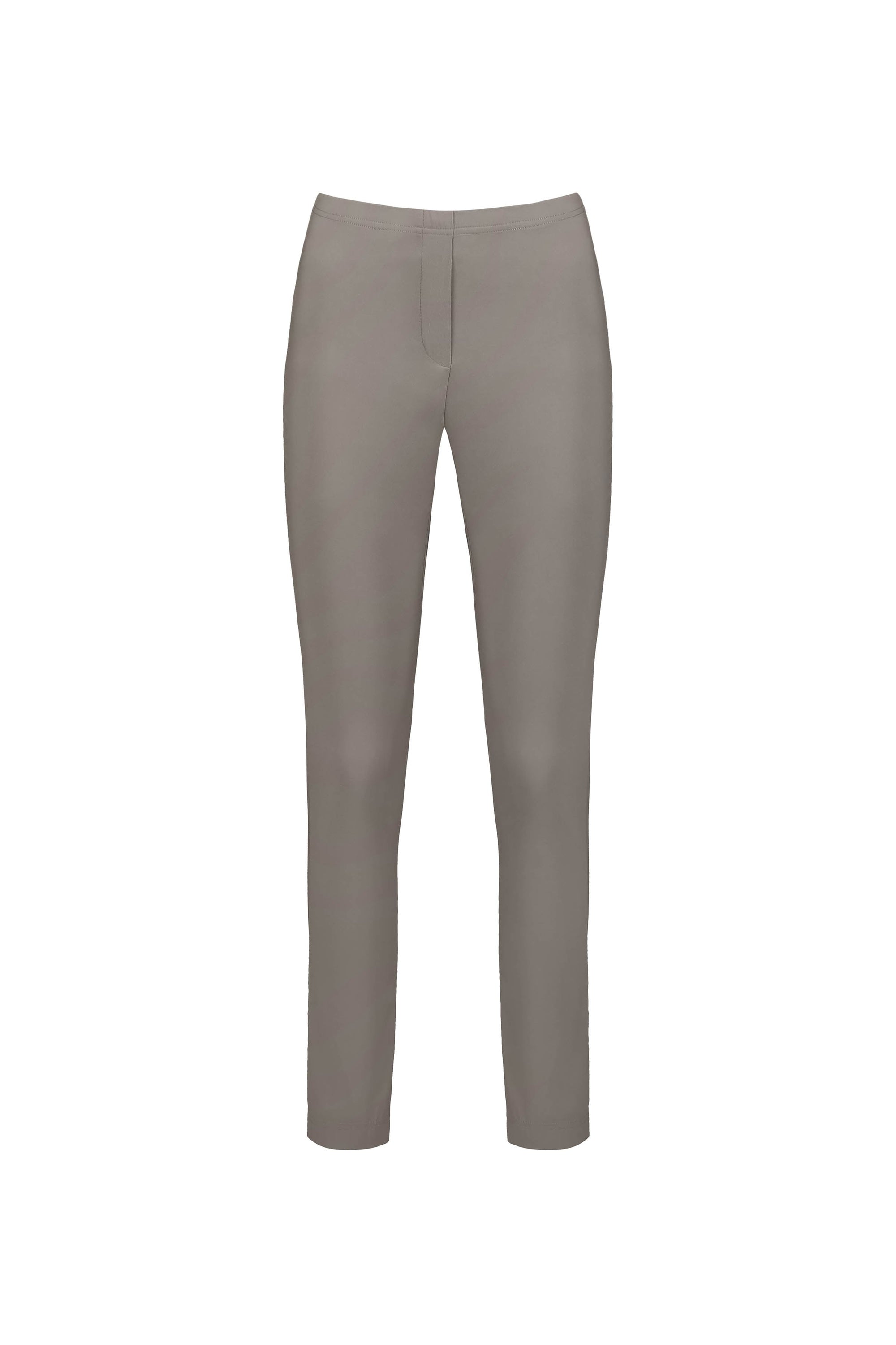 The Vassalli Paris Full Length Pant in Latte is a slim-fit, flat-front style with no visible pockets, crafted from stretch fabric and shown on a white background.