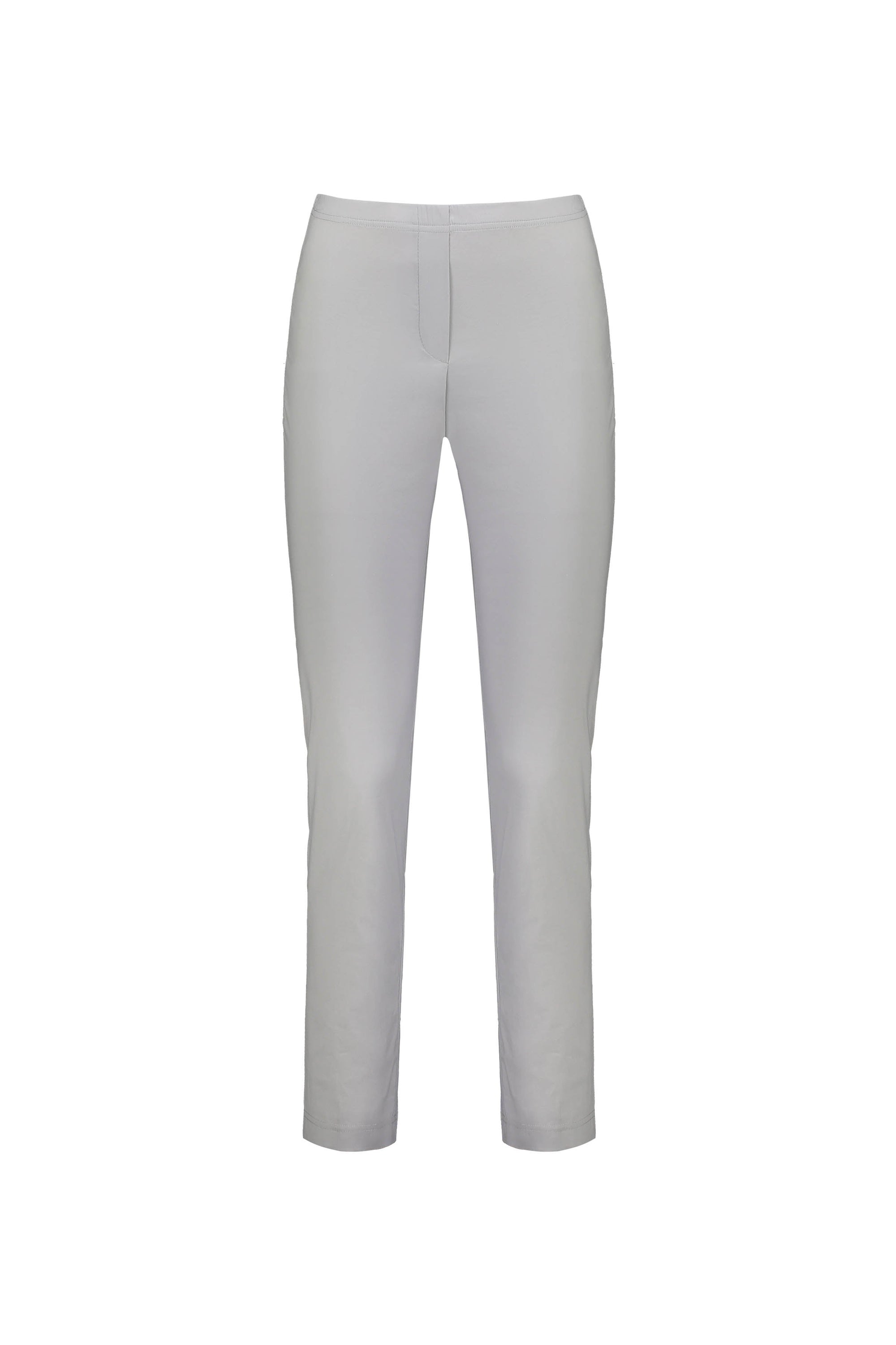 The Vassalli Paris Full Length Pant in Silver features a light gray, straight-leg design with a fitted waist and comfortable stretch fabric. Made in New Zealand, these pants are pocket-free and shown front-facing on a white background.