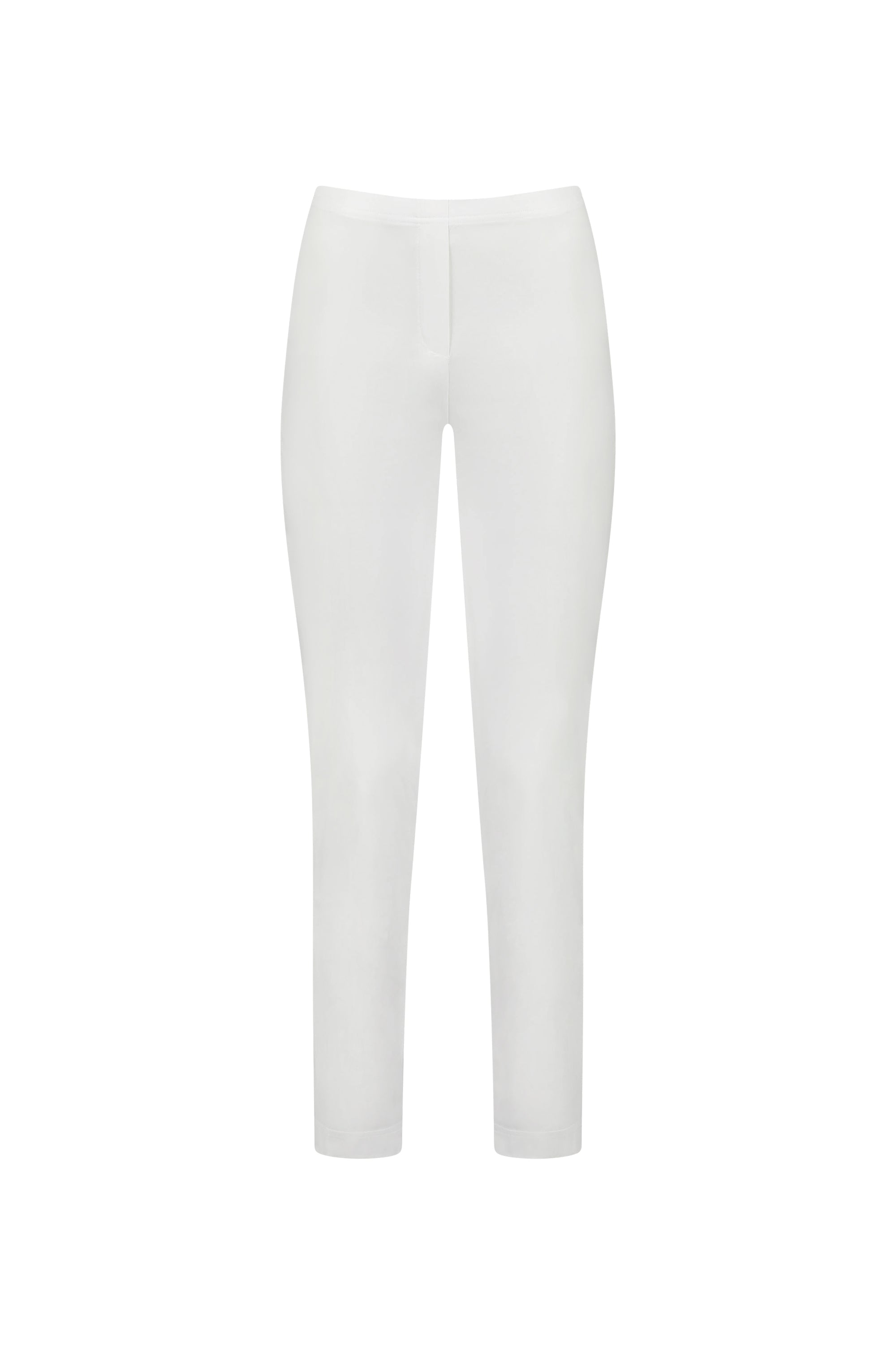 The Vassalli Paris Full Length Pant in white features a sleek, pocketless design crafted from stretch fabric for comfort and style, shown against a plain white background.