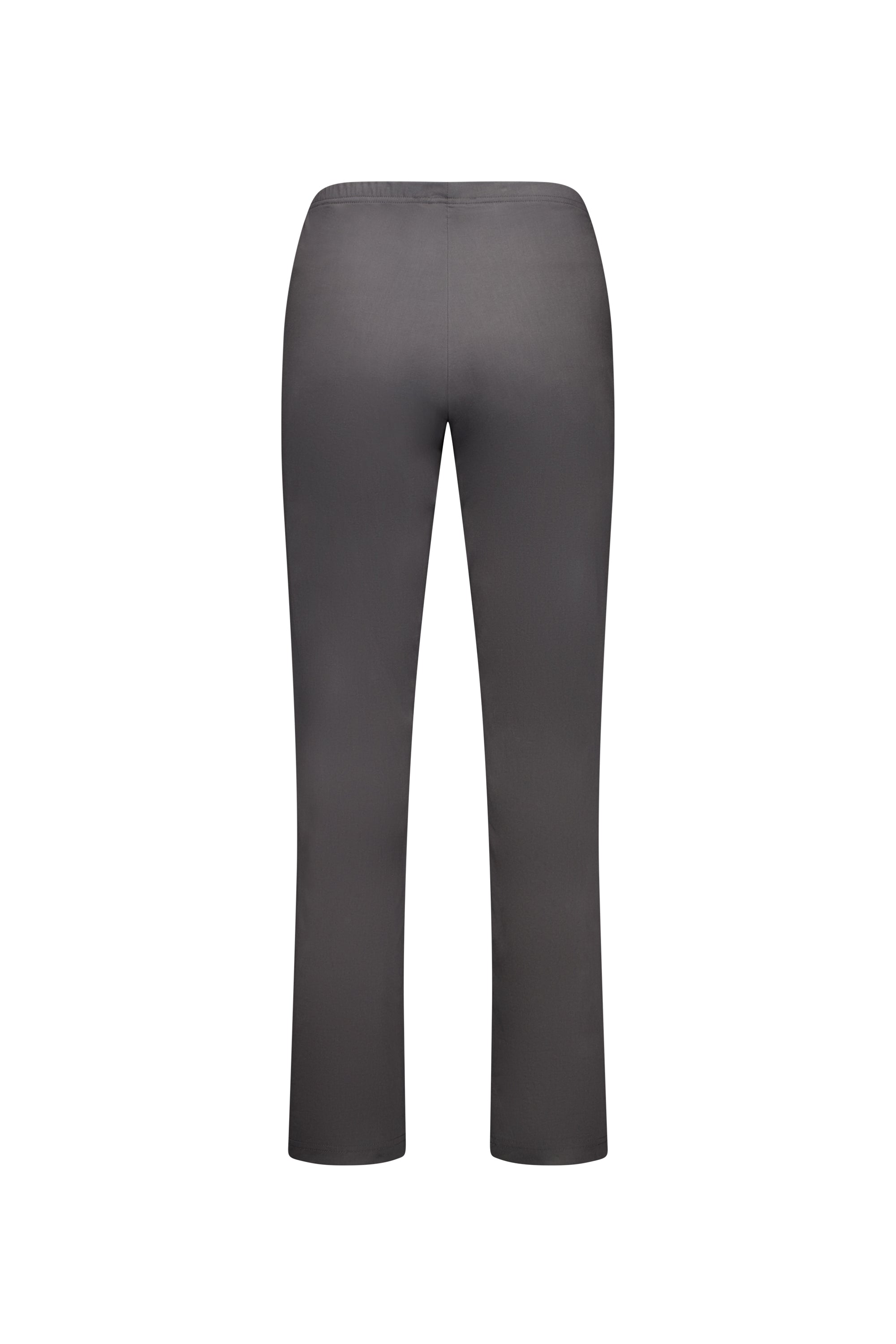 Back view of the Vassalli Paris Full Length Pant - Beluga, a pair of plain, high-waisted, straight-leg gray pants from the Paris Collection, displayed on a white background.