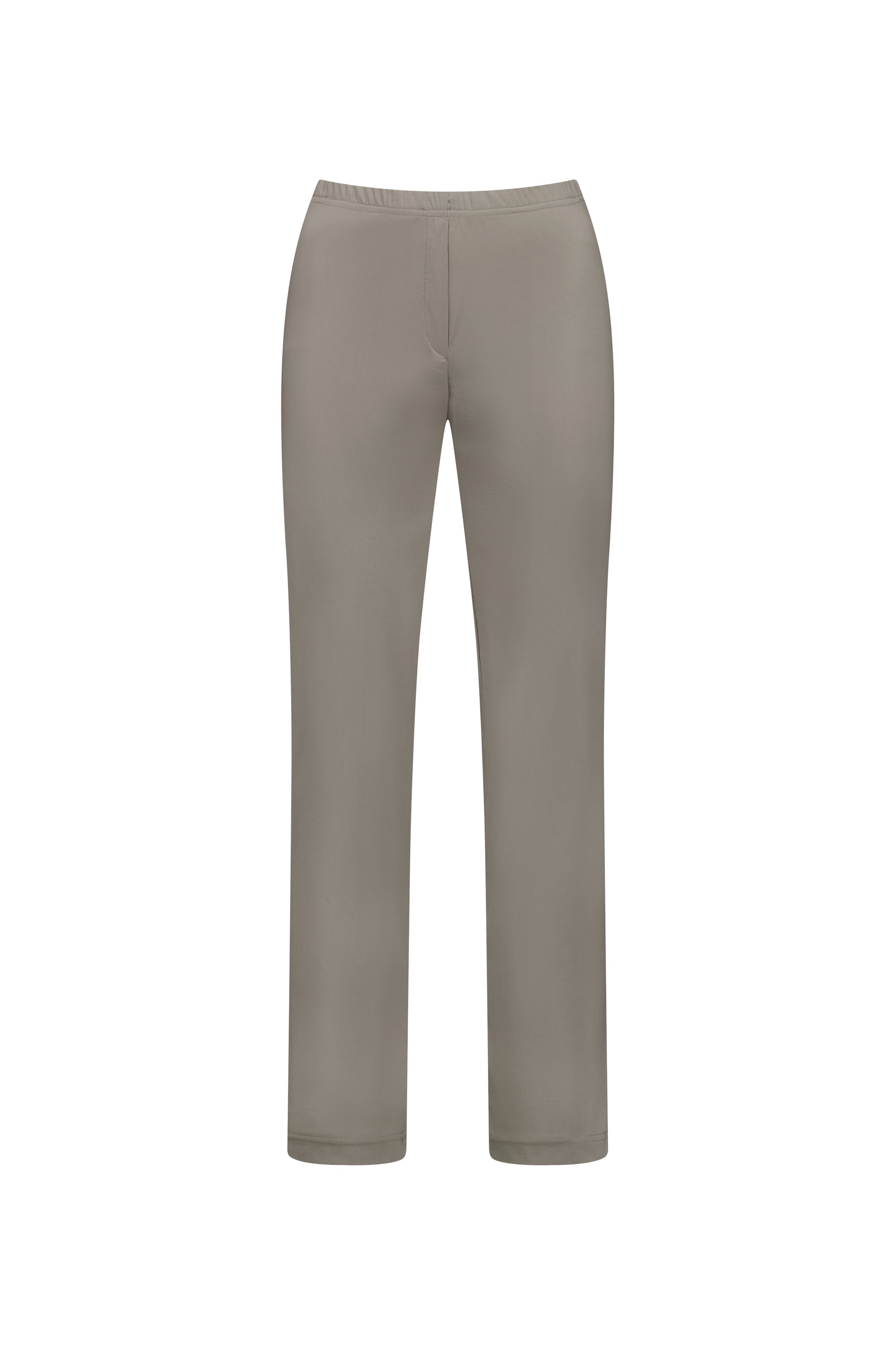 The Vassalli Paris Full Length Pant in Latte features an elastic waistband and straight-leg design, made in New Zealand from soft stretch fabric, shown on a white background.