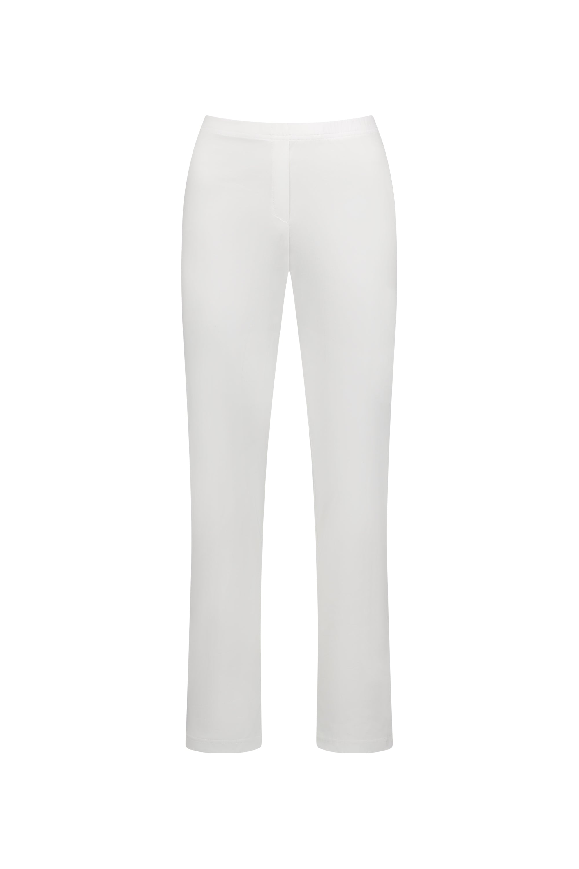 The Vassalli Paris Full Length Pant - White features a minimal, smooth-front design with a slim, straight-leg silhouette. Made from stretch fabric for comfort, these pants have no visible pockets or embellishments.