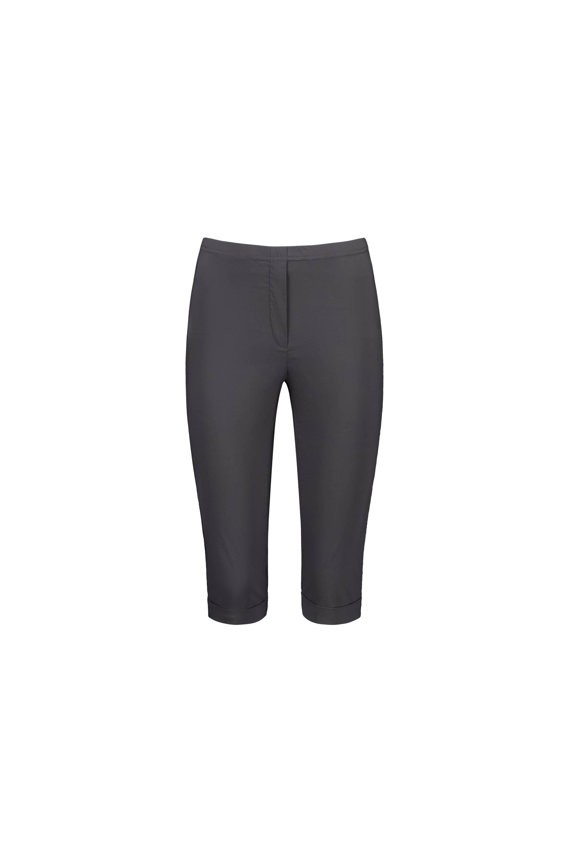 Front view of the Vassalli Paris Short - Beluga, a pair of dark gray, knee-length fitted shorts with a mid-rise waistband and stretch fabric, no visible pockets, shown against a plain white background.