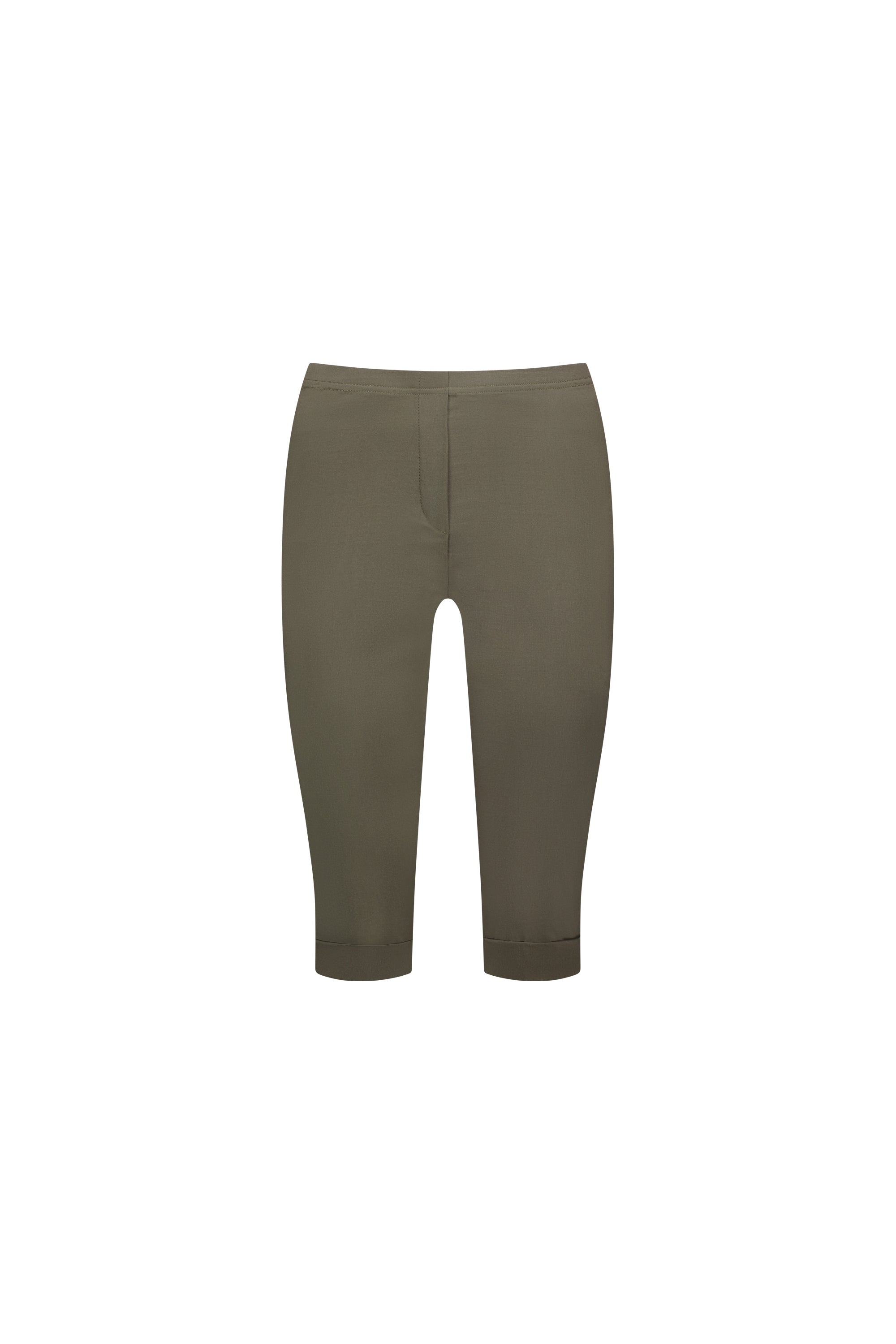 The Vassalli Paris Short in khaki features a form-fitting, mid-rise design with stretch fabric and a cropped hem below the knee, shown against a plain white background.