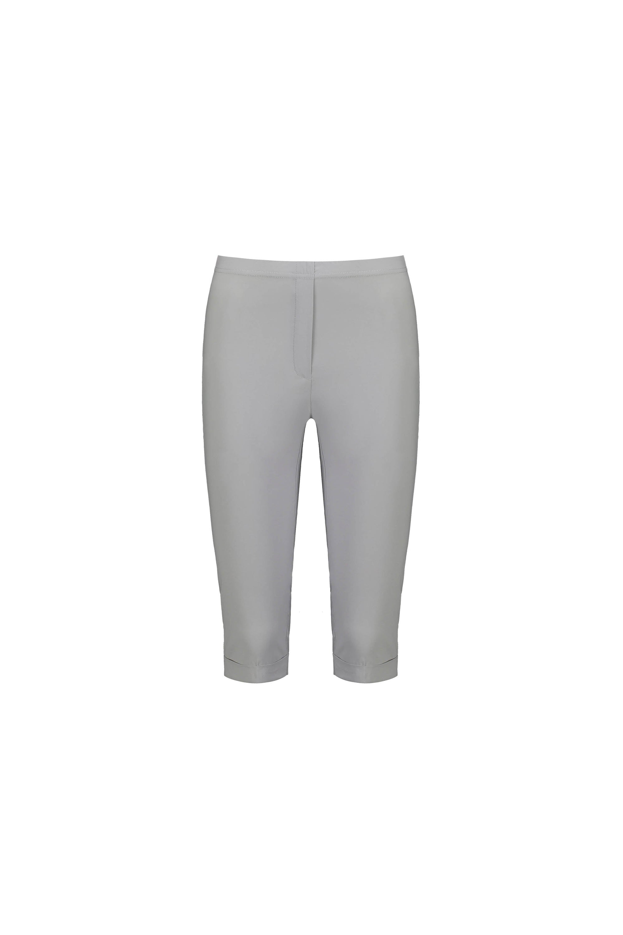 The Paris Short - Silver by Vassalli is a gray, knee-length fitted short from the Paris Collection, made with stretch fabric for comfort. Mid-rise and minimalistic, it features a clean front with no visible pockets or embellishments.