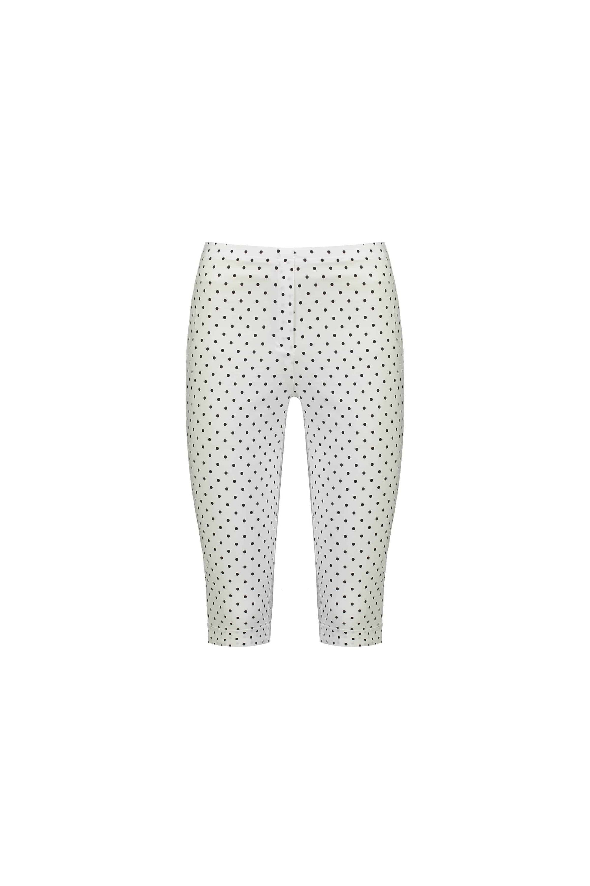 The Vassalli Paris Printed Short - Spot features a fitted, knee-length design with a mid-rise waist and small black polka dots. Made from stretch fabric, these shorts are showcased against a plain white background.