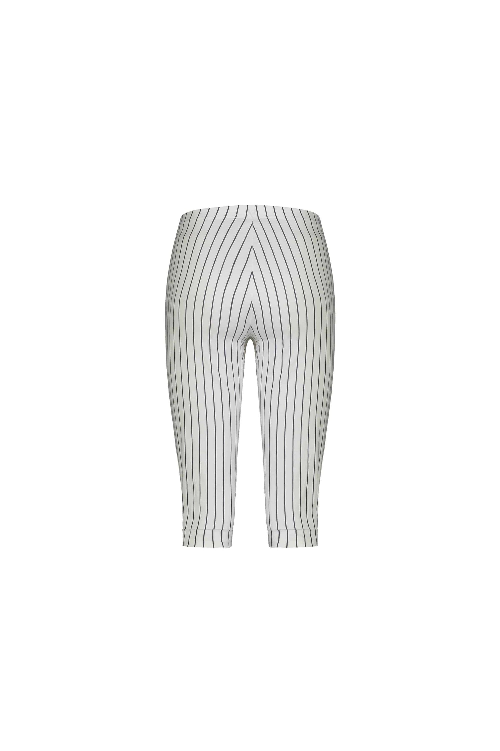 The Vassalli Paris Printed Short - White w/ Stripe features knee-length fitted design with vertical black pinstripes and a chevron pattern at the crotch, made from stretch fabric for comfort and style, shown on a plain white background.