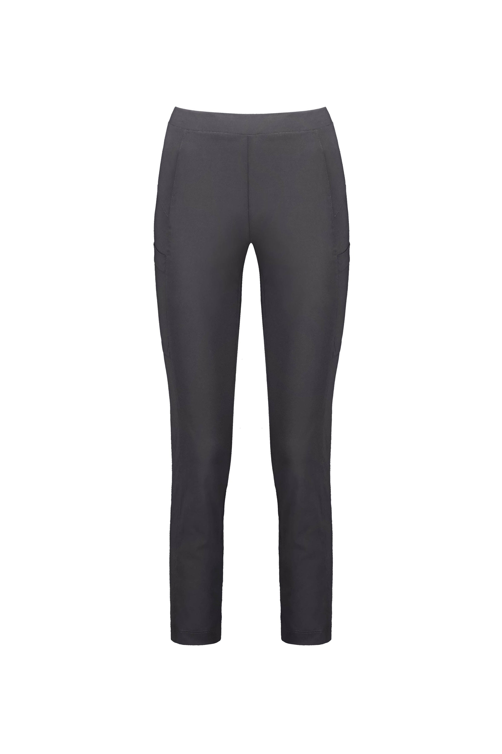 The Vassalli Paris Cargo Capri - Beluga are fitted women's capri pants in dark gray stretch fabric, featuring side pockets and shown on a plain white background.