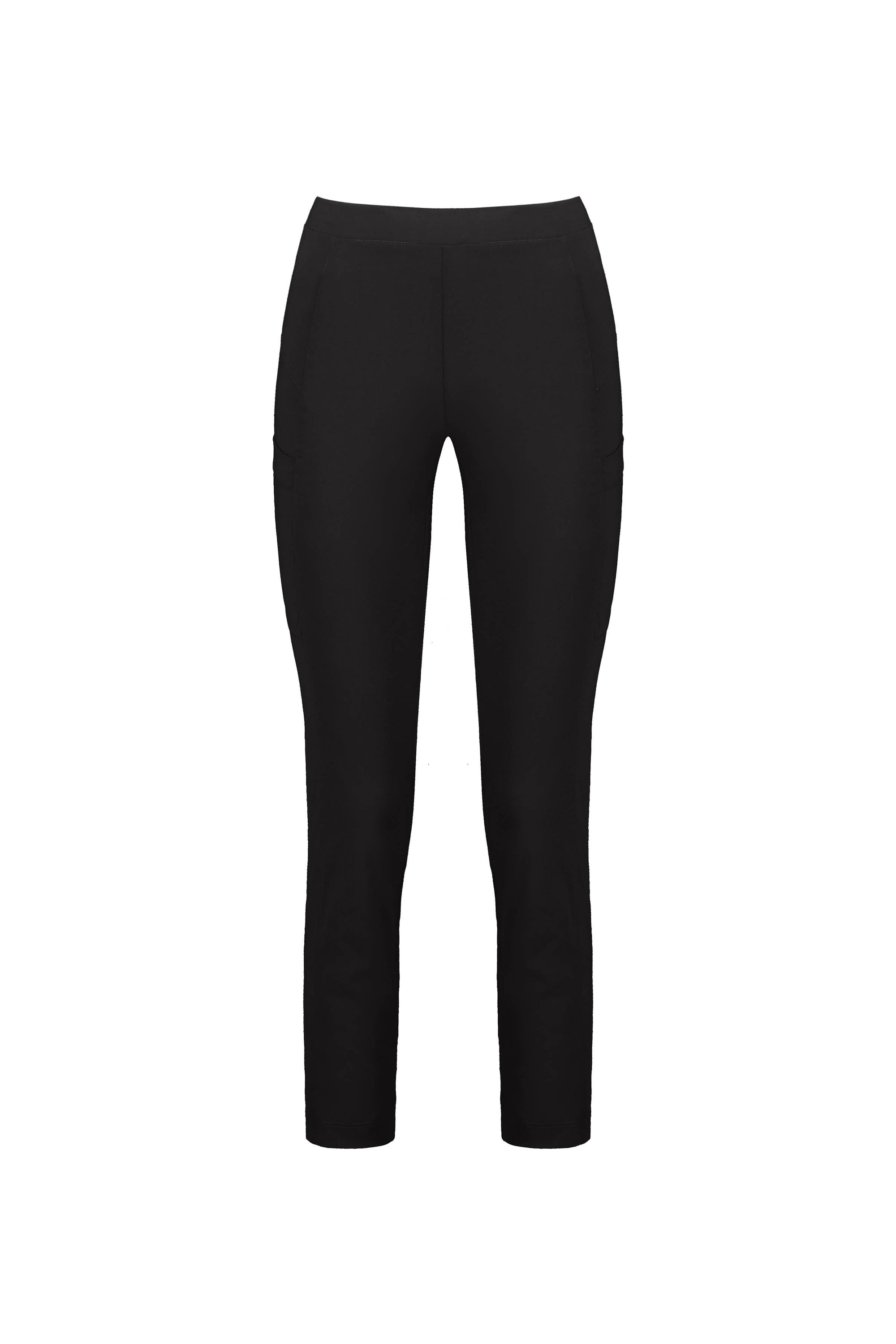 The Vassalli Paris Cargo Capri - Black features a mid-rise waist, slim legs, and side pockets, crafted from stretch fabric for all-day comfort and shown against a plain white background.