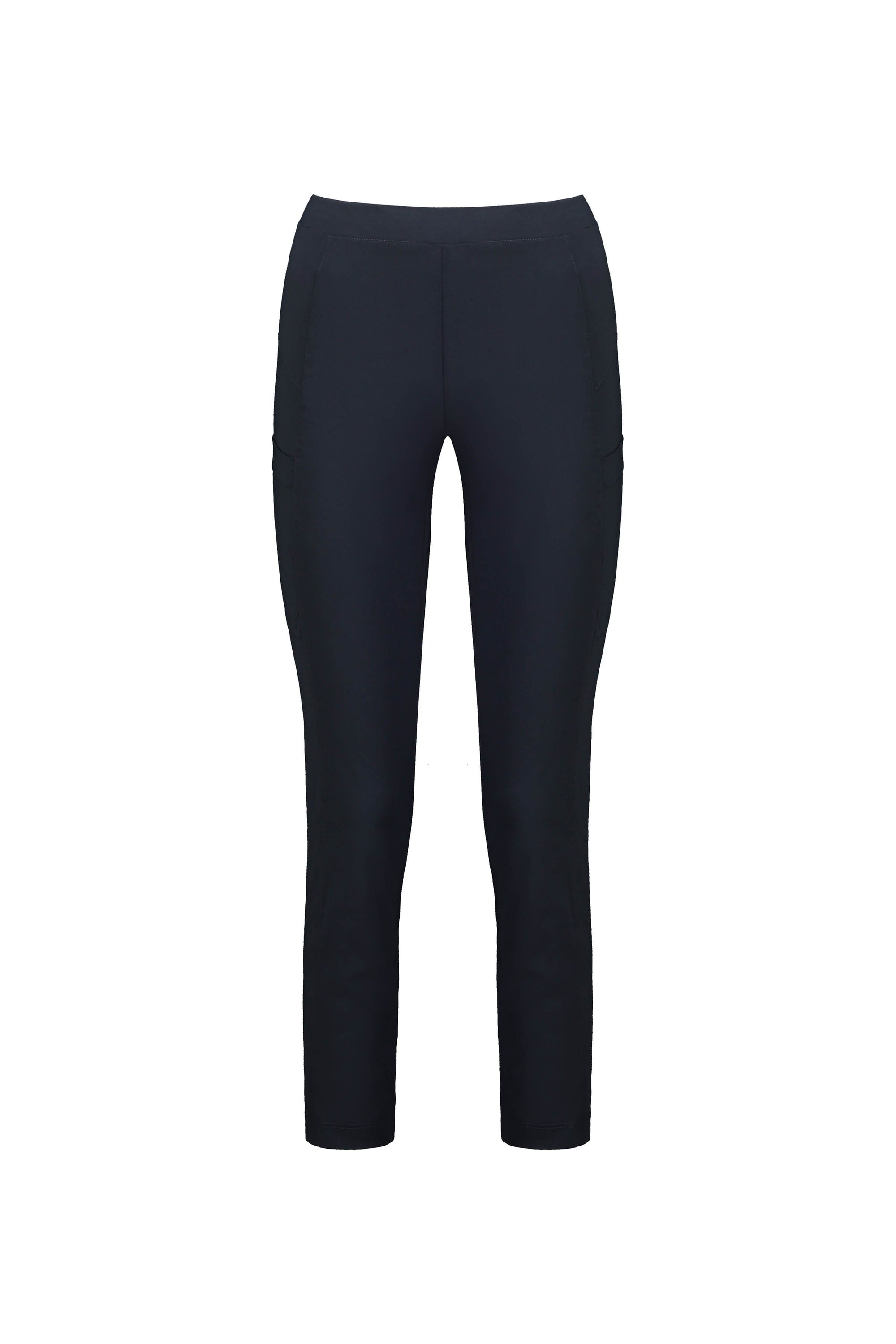 The Vassalli Paris Cargo Capri - Inka features fitted, ankle-length black pants made from stretch fabric with a smooth front and side pockets, shown against a plain white background.