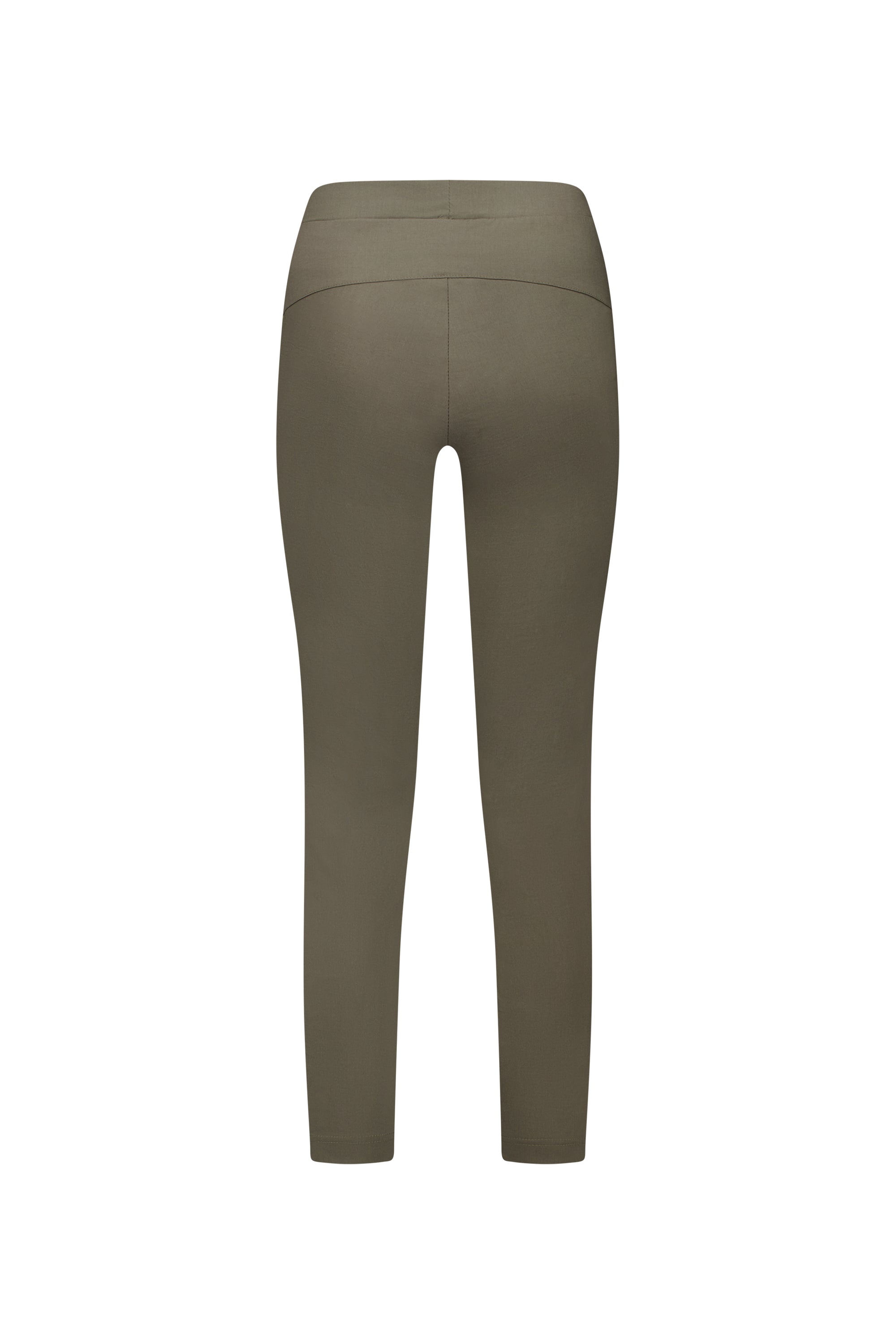 Back view of the Vassalli Paris Cargo Capri in khaki, featuring a high-waisted, fitted design and stretch fabric, displayed on a plain white background.